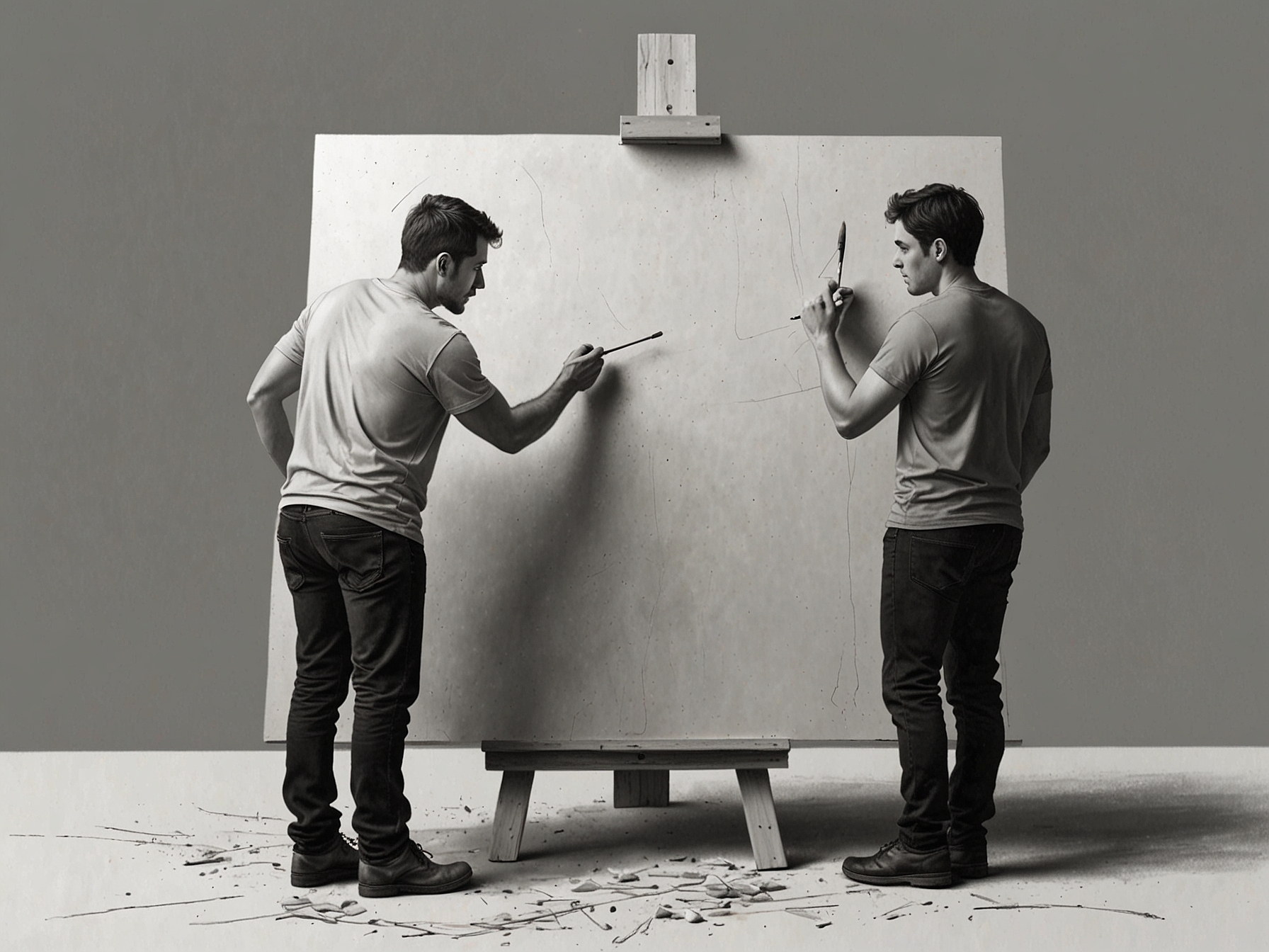 A pair painting a blank canvas together, symbolizing the practice of starting a relationship with no preconceived notions or expectations, known as blank canvassing.