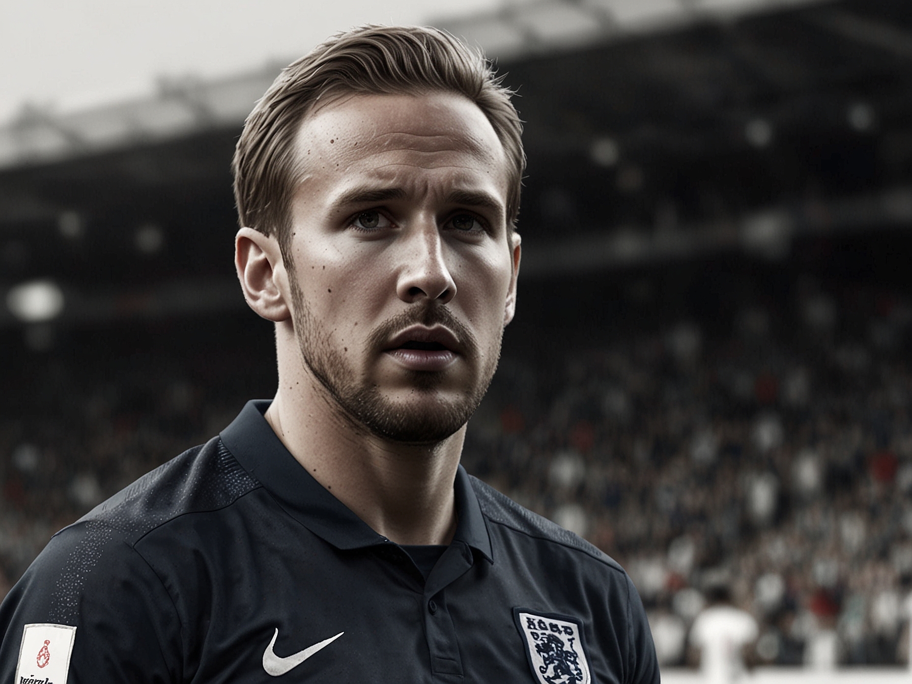 An image of Harry Kane on the field during an England match, showing determination and focus. His performance and role as captain are under discussion amidst rising scrutiny and criticism.