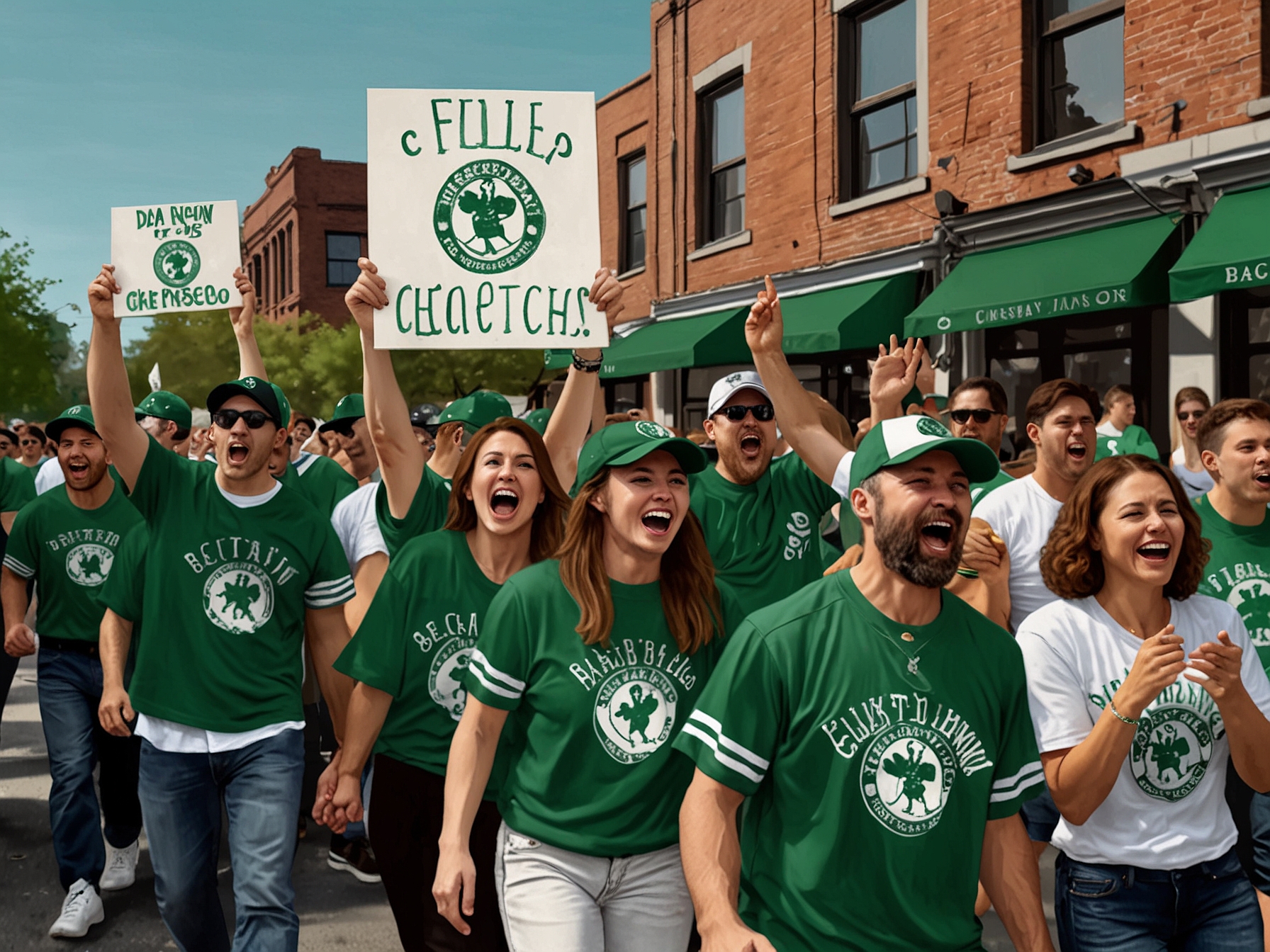 A joyful crowd of Boston Celtics fans wearing green and white, holding signs and chanting team slogans during the parade, celebrating their NBA Championship victory.