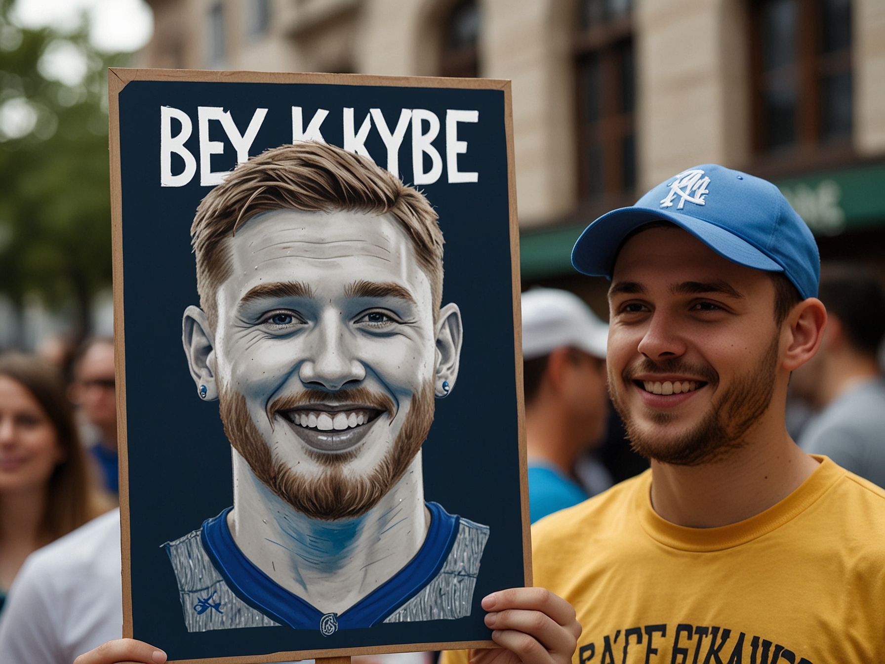Close-up of a fan's sign reading 'Bye Bye Kyrie' and another depicting a humorous caricature of Luka Doncic, capturing the playful spirit and camaraderie of the parade.