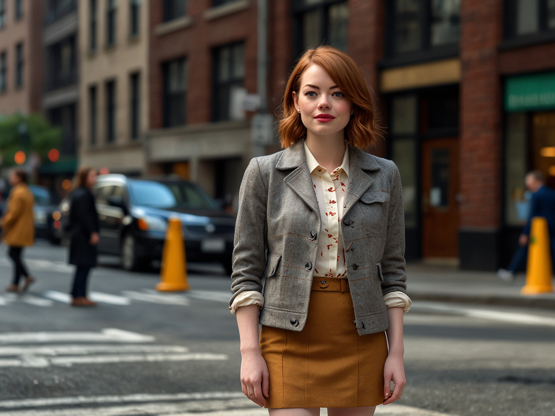 Emma Stone is seen on a bustling New York City street, wearing a sophisticated tweed miniskirt and matching jacket. The Oscar-winning actress exudes elegance as she promotes her new film, drawing admiring glances from passersby.