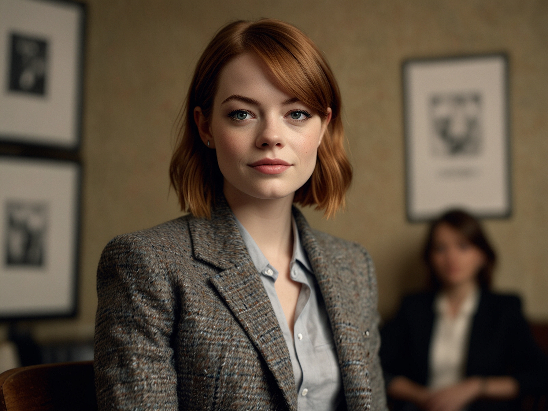 In a close-up shot, Emma Stone sits for an interview, her tweed ensemble highlighting her fashion-forward style. The background subtly hints at her media tour, featuring promotional posters of 'Kinds Of Kindness'.