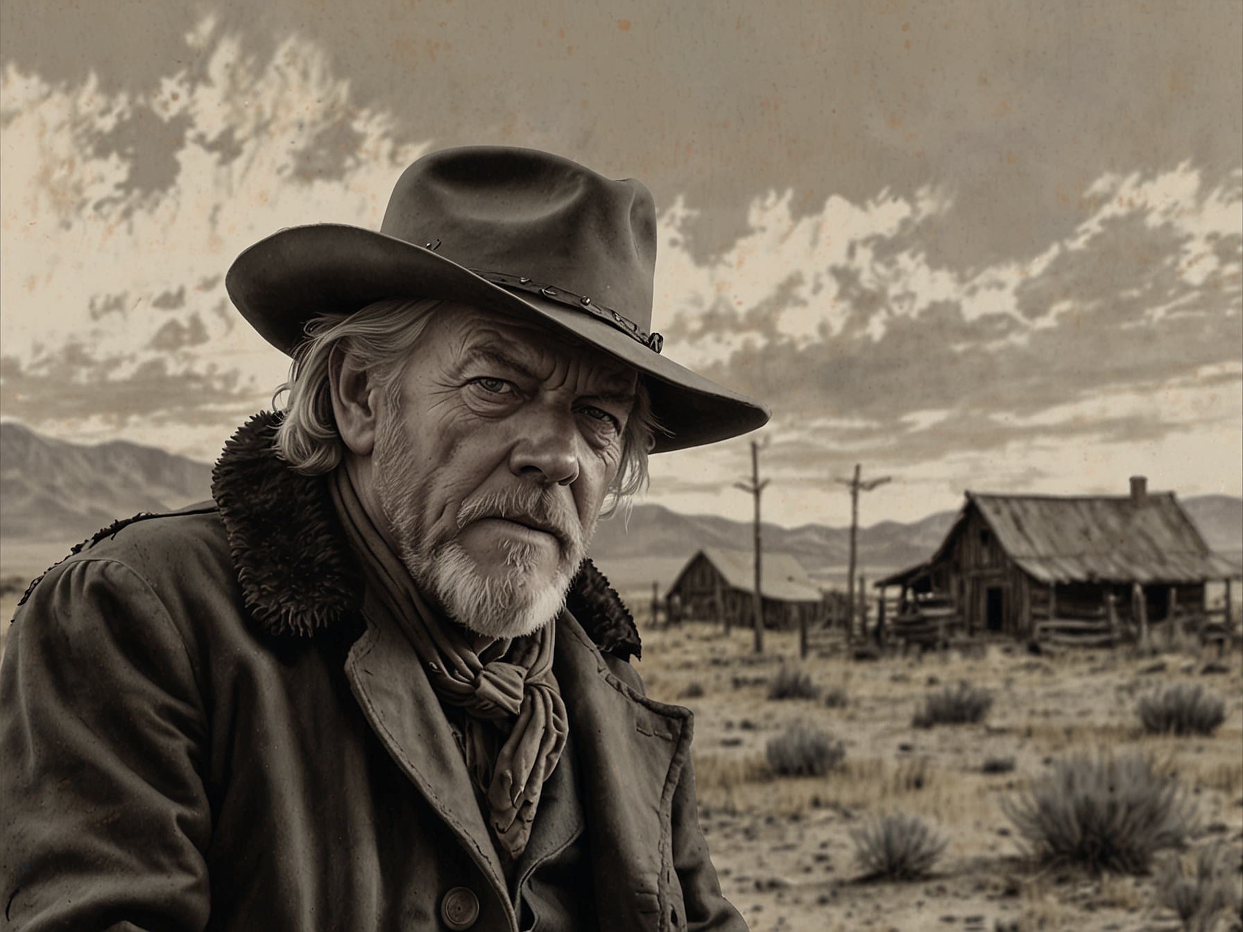 Donald Sutherland and Kiefer Sutherland on the set of 'Forsaken,' portraying their characters in a tense father-son reunion amid the rugged 1872 Wyoming landscape.