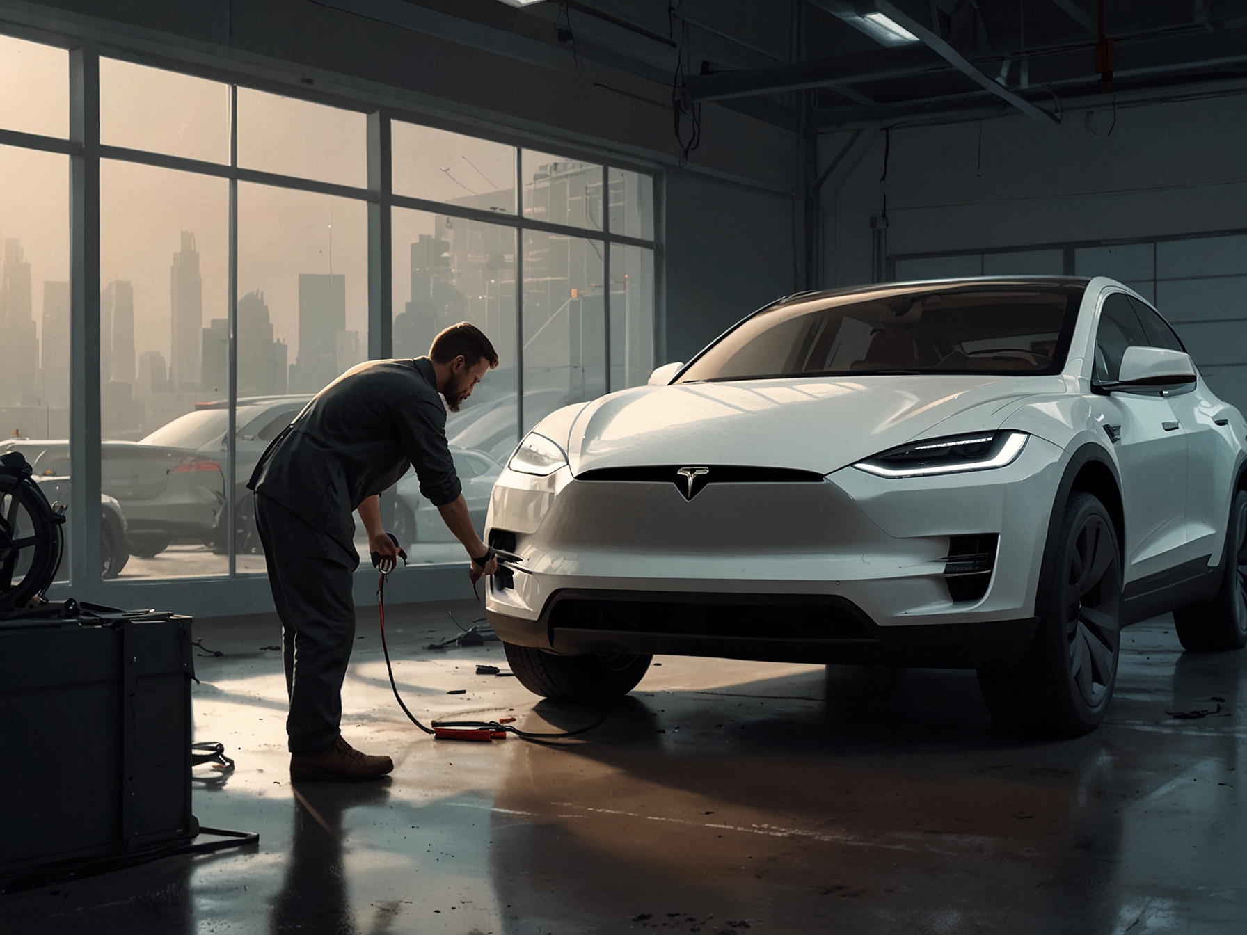 A technician inspecting a Tesla Cybertruck's windshield wipers in a service center, highlighting the proactive measures taken by Tesla to address and fix the faulty components.