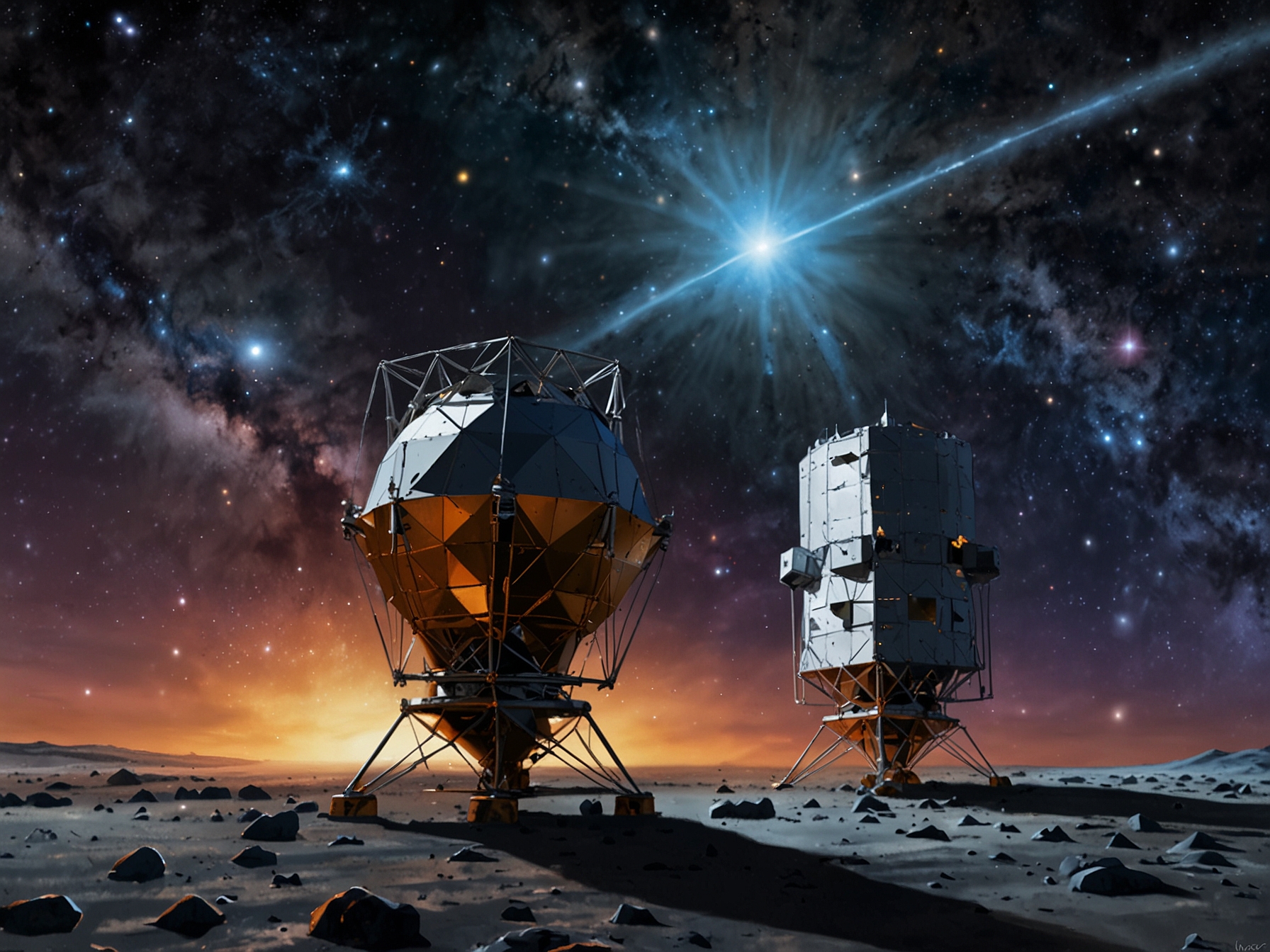 An artist's depiction of the XMM-Newton and Chandra spacecrafts observing neutron stars, highlighting the collaborative efforts in unraveling cosmic mysteries.