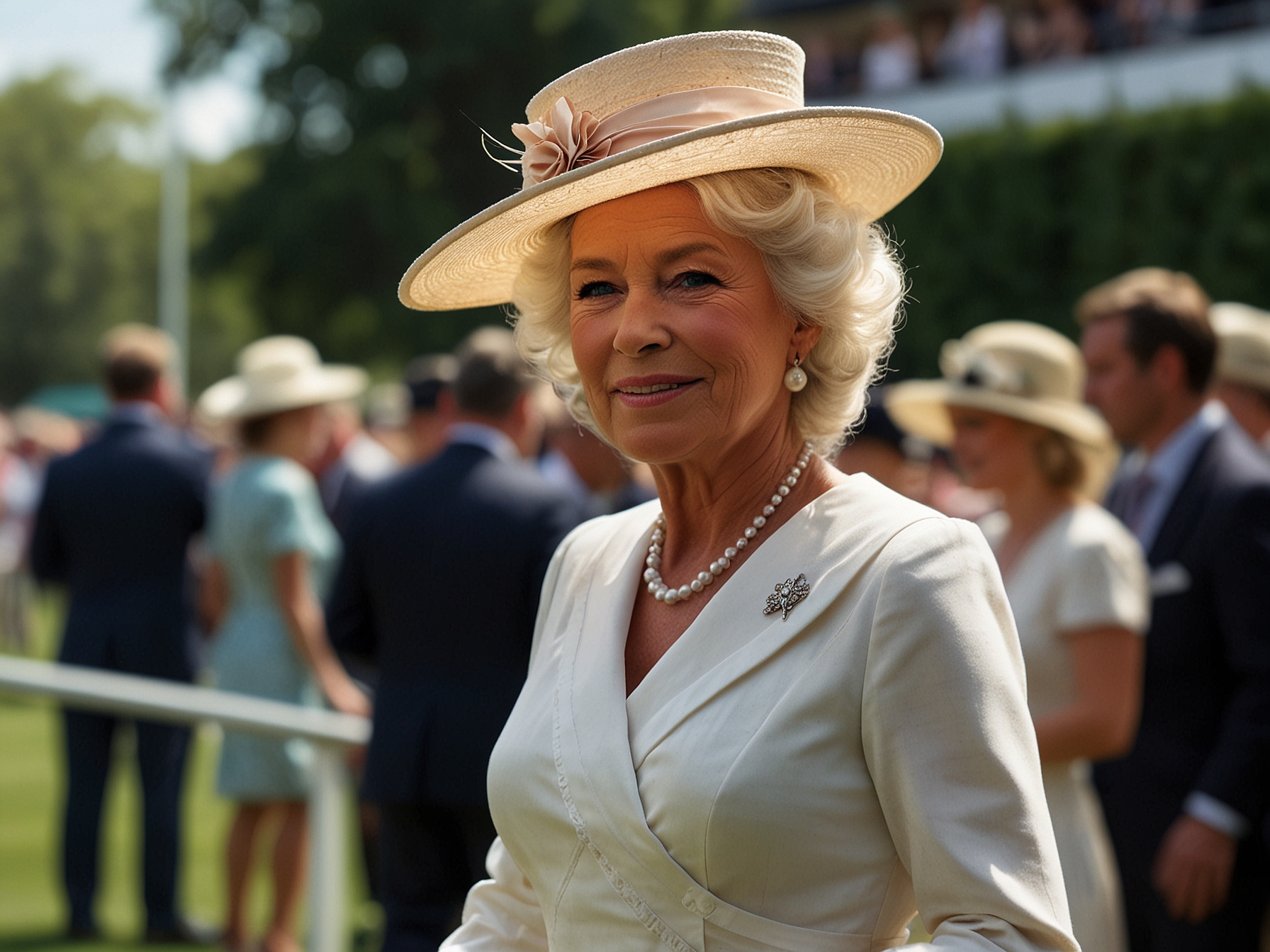Queen Camilla wearing a stunning white wrap dress and an elegant hat, arriving at Royal Ascot Ladies' Day. Her regal presence and fashion sense command the crowd's attention.