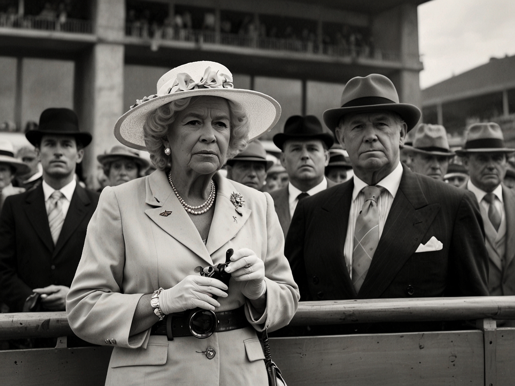 Queen Camilla, holding binoculars and looking visibly frustrated, observed the horse races intently. King Charles stands by her side, maintaining a composed demeanor despite the day's unpredictable outcomes.