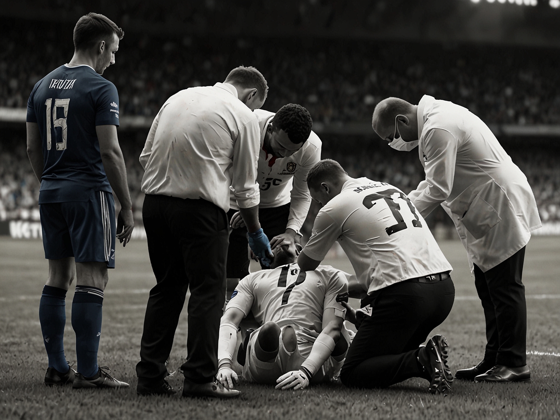 Players gather around as medical personnel attend to Barnabas Varga on the field after a severe head collision during the Euro 2024 qualifier against Scotland. The tension is palpable.