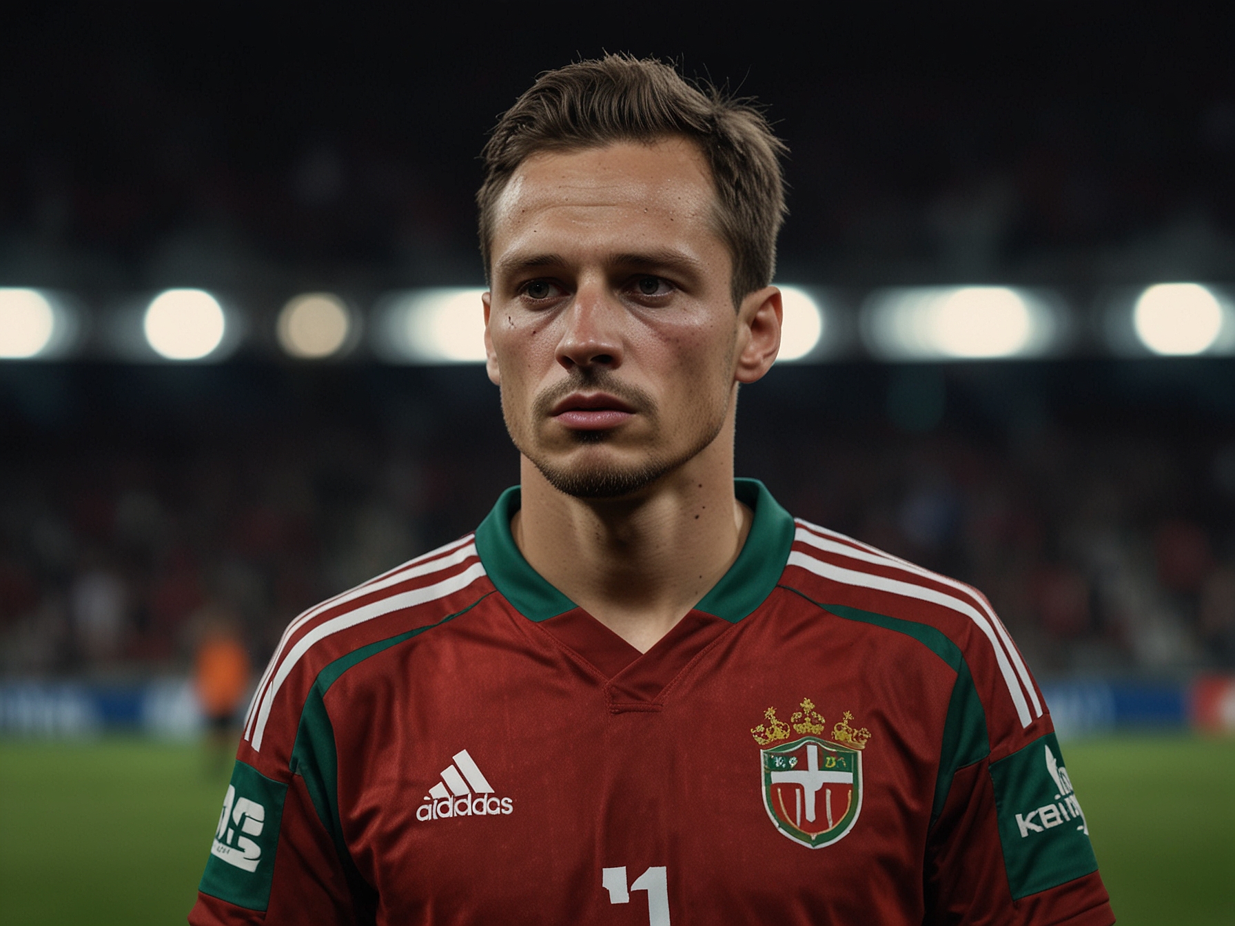 Hungary's captain Dominik Szoboszlai, visibly distressed, walks off the field with tears in his eyes after teammate Barnabas Varga's injury, highlighting the emotional impact of the incident.