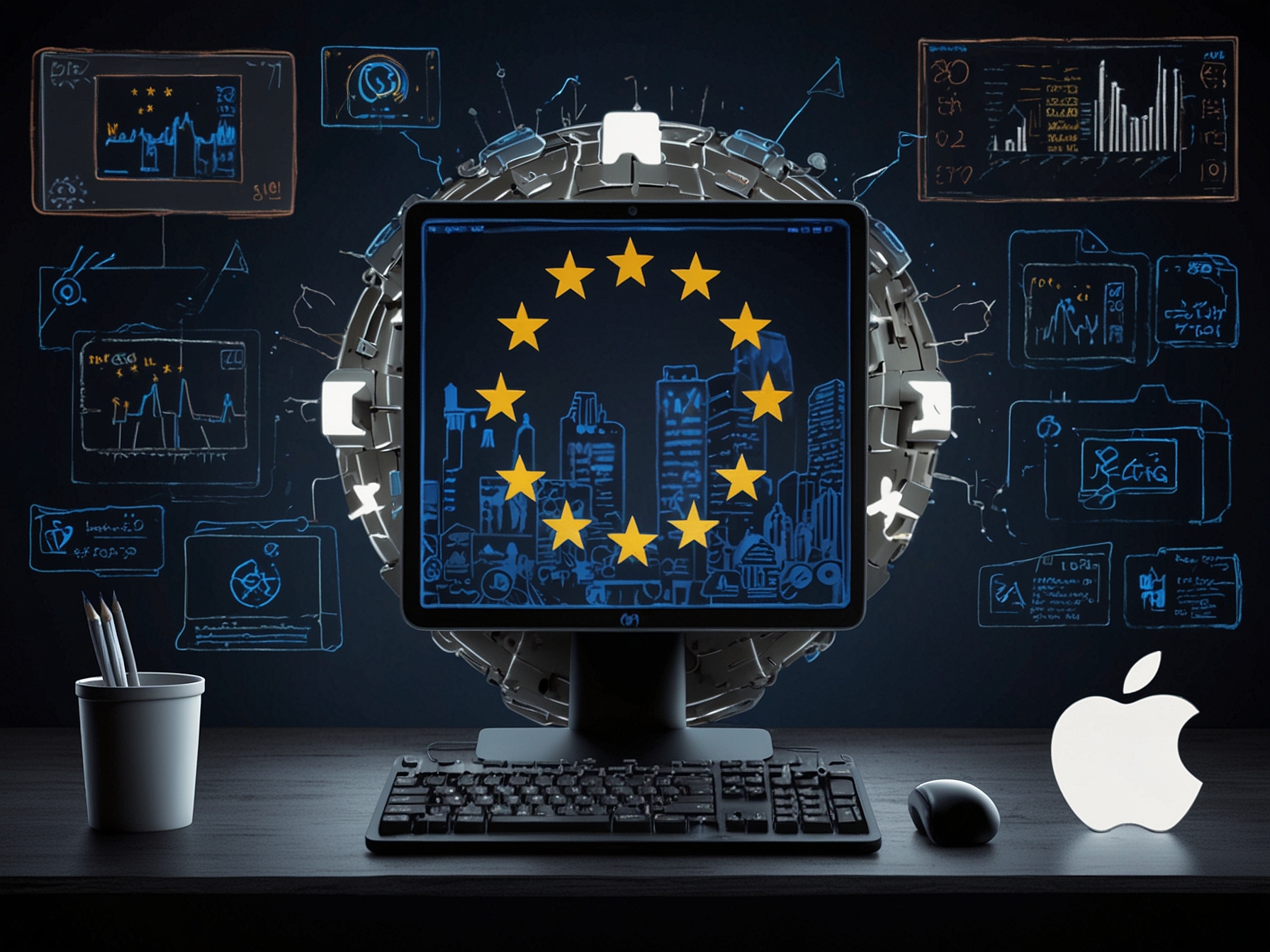 A sign of the European Union's Digital Markets Act alongside icons representing AI and Apple products, symbolizing the regulatory challenge and Apple's commitment to compliance.
