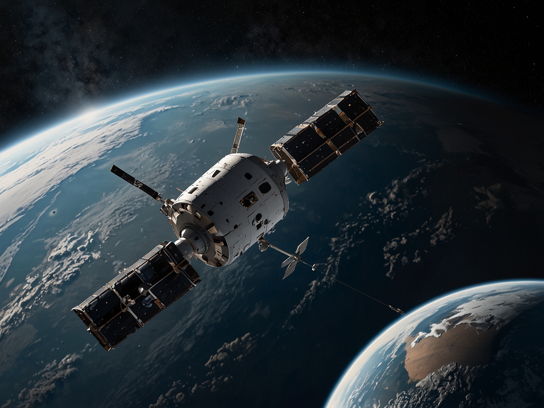 An artist's rendition of NASA's Starliner spacecraft approaching the International Space Station, showcasing the collaborative effort between NASA and Boeing in advancing commercial spaceflight.