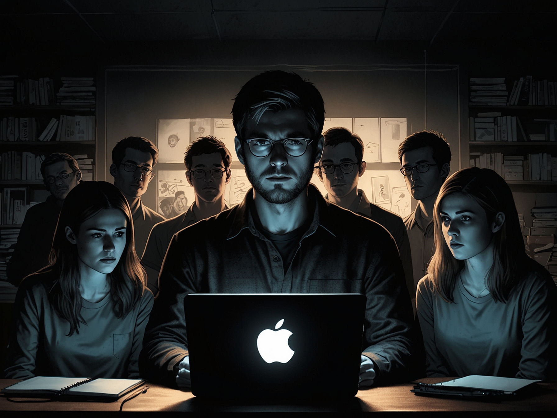 A group of app developers looking frustrated while a shadowy figure representing Apple looms over them. This visual depicts the challenges developers face under Apple's restrictive App Store policies.