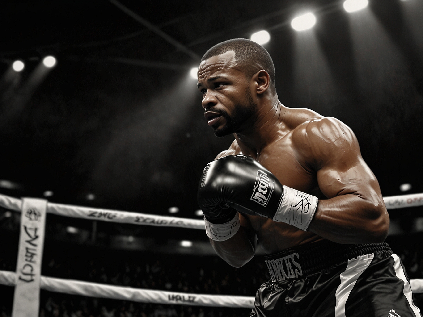 An illustration of Roy Jones Jr. in the boxing ring, showcasing his agility and strength, symbolizing his remarkable career that spanned over three decades and multiple weight classes.