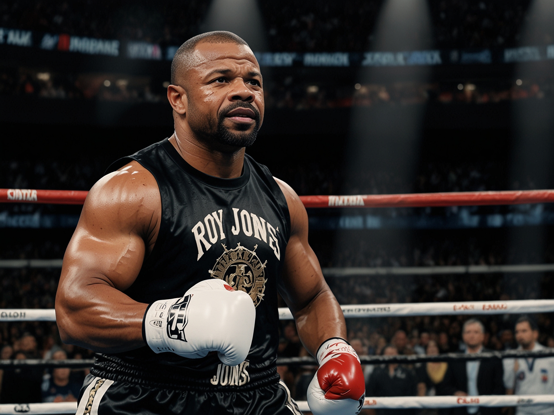 A depiction of Roy Jones Jr. as a commentator and promoter, highlighting his post-boxing career roles that significantly contribute to his estimated $10 million net worth in 2024.