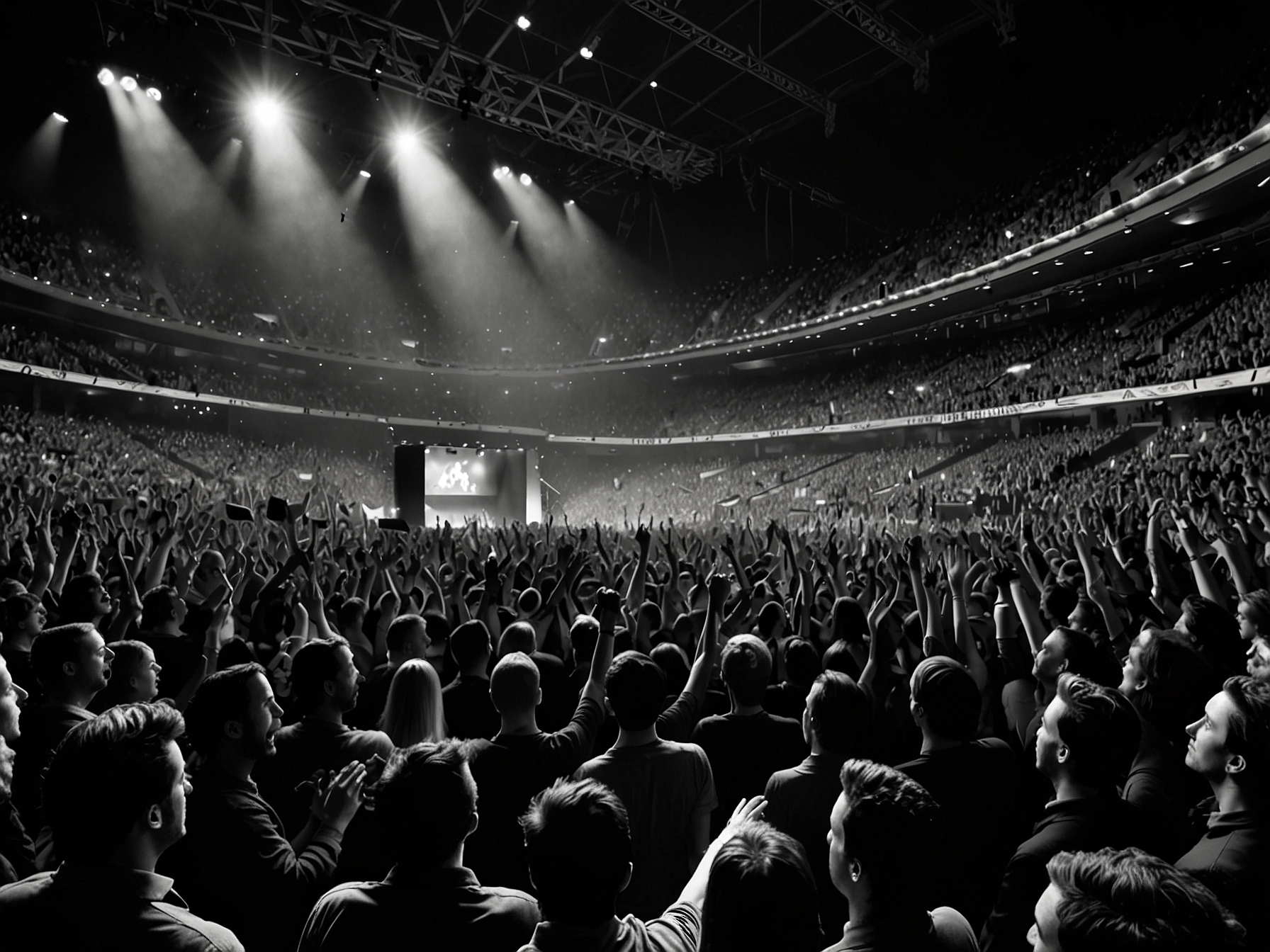 The packed crowd at Dublin's 3Arena, cheering and singing along as Pearl Jam performs their classic hits such as 'Alive' and 'Jeremy,' creating an electrifying atmosphere.