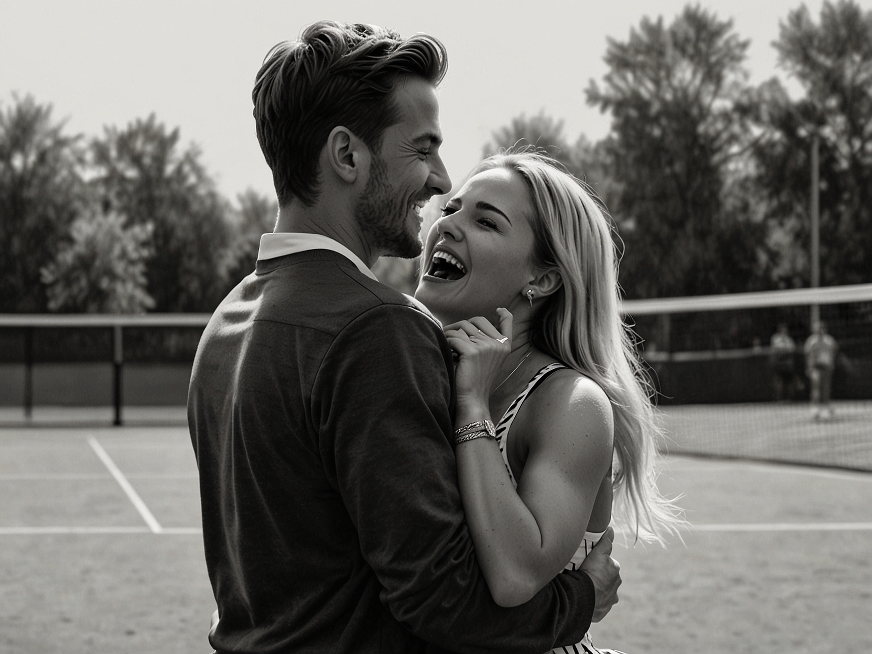 Paige Lorenze, dressed in a stylish outfit, jumps excitedly into the arms of her tennis star boyfriend Tommy Paul on the court after his significant win, capturing a moment of sheer joy.