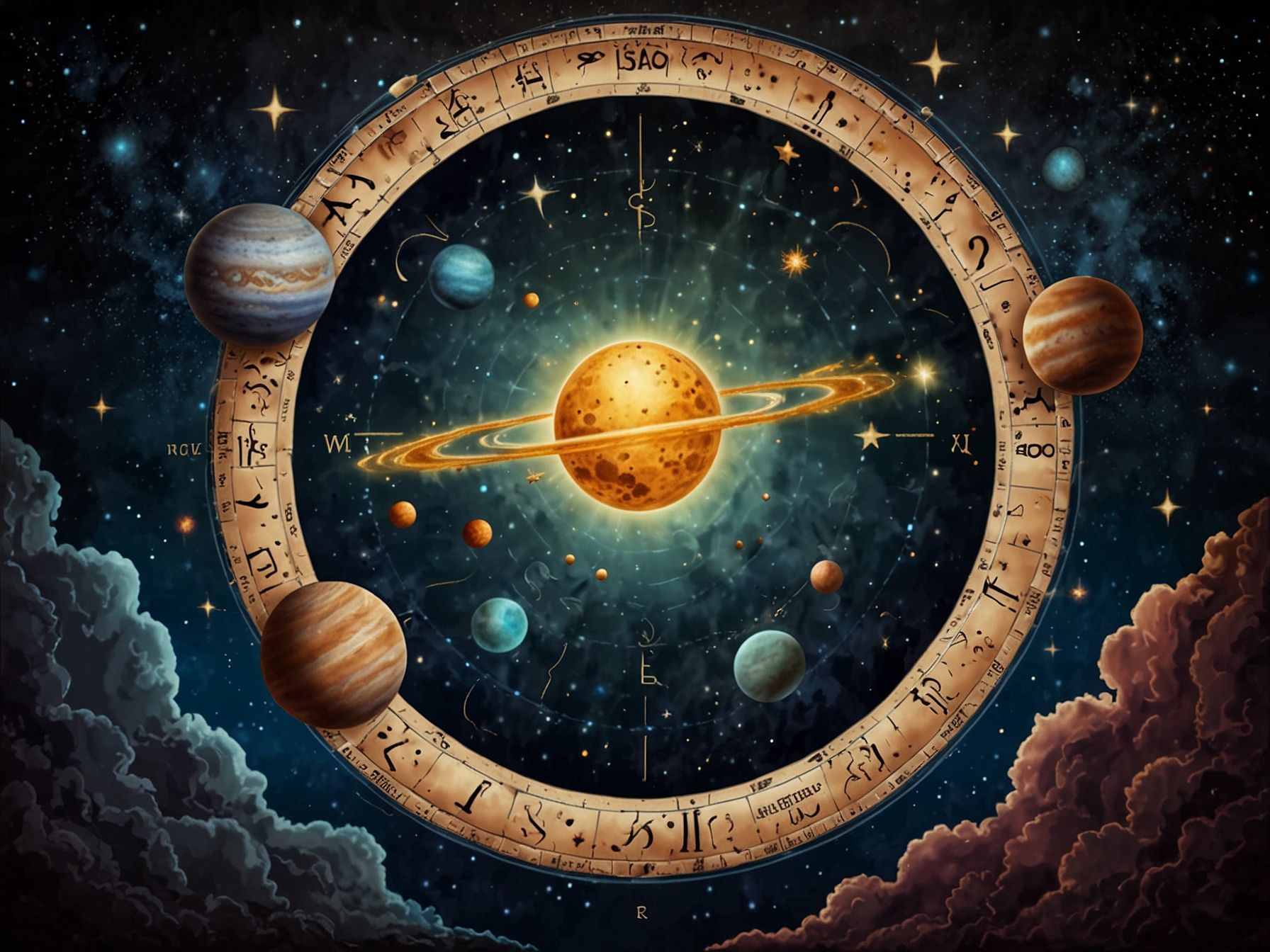 A depiction of a celestial scene with planets aligning, illustrating the cosmic energies shaping the week's horoscope for all zodiac signs, from Aries to Pisces.