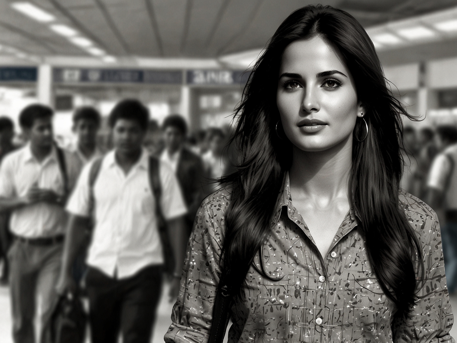 A close-up of Katrina Kaif walking through the Mumbai airport, maintaining a low profile in loose-fitting clothing. The actress keeps her personal life private, enhancing the mystery surrounding her rumored pregnancy.