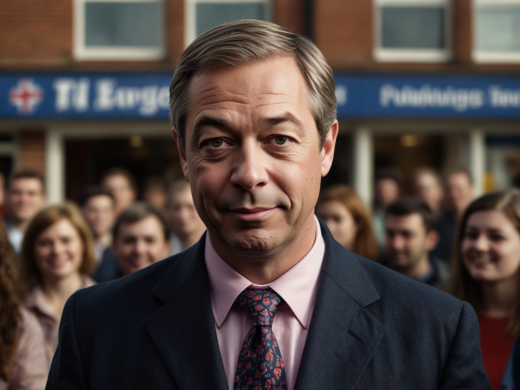 Nigel Farage engaging with Clacton constituents during his campaign, reflecting his direct approach and significant voter support, contributing to his 27-point lead in the polls.