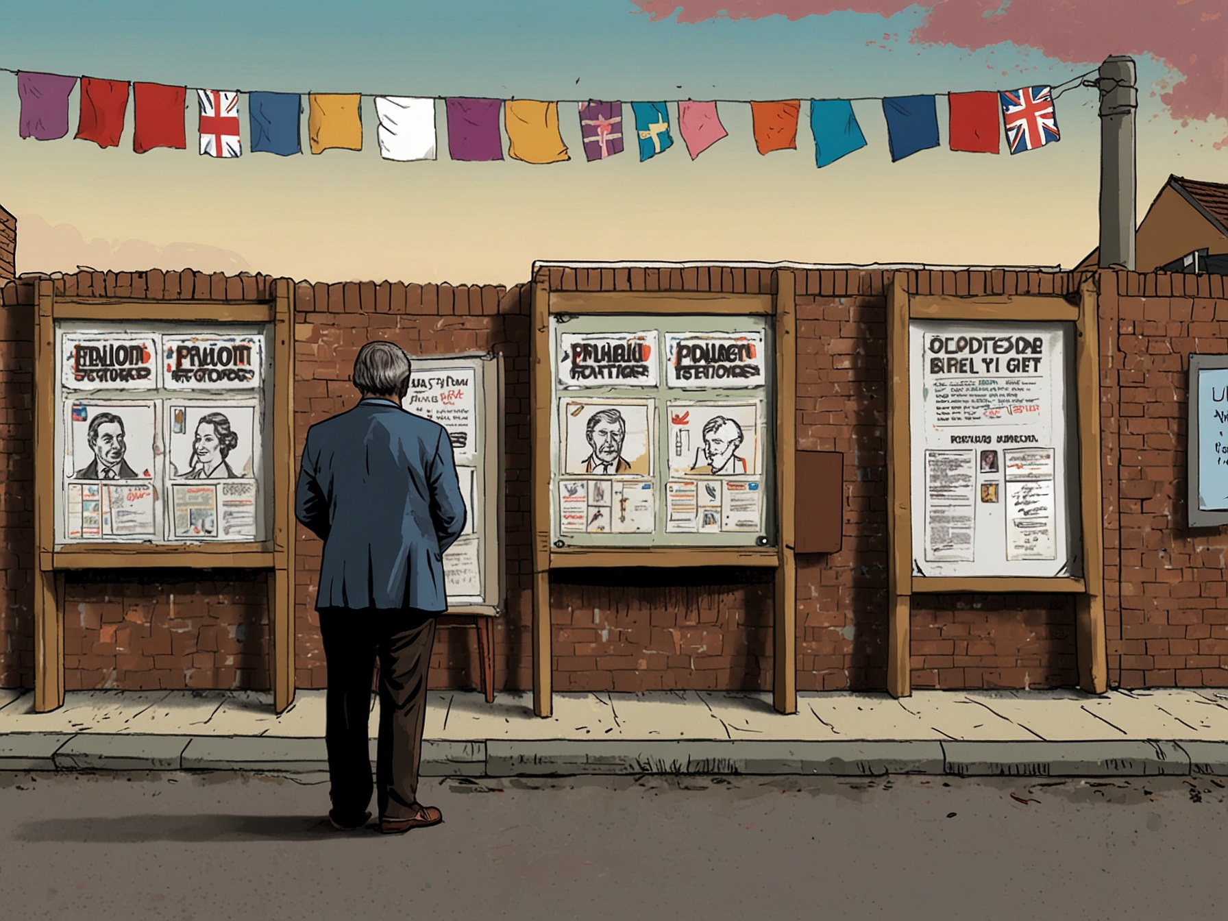 A polling station in Clacton with the backdrop of election posters, embodying the robust electoral process where Farage's policies on immigration and sovereignty resonate deeply with voters.