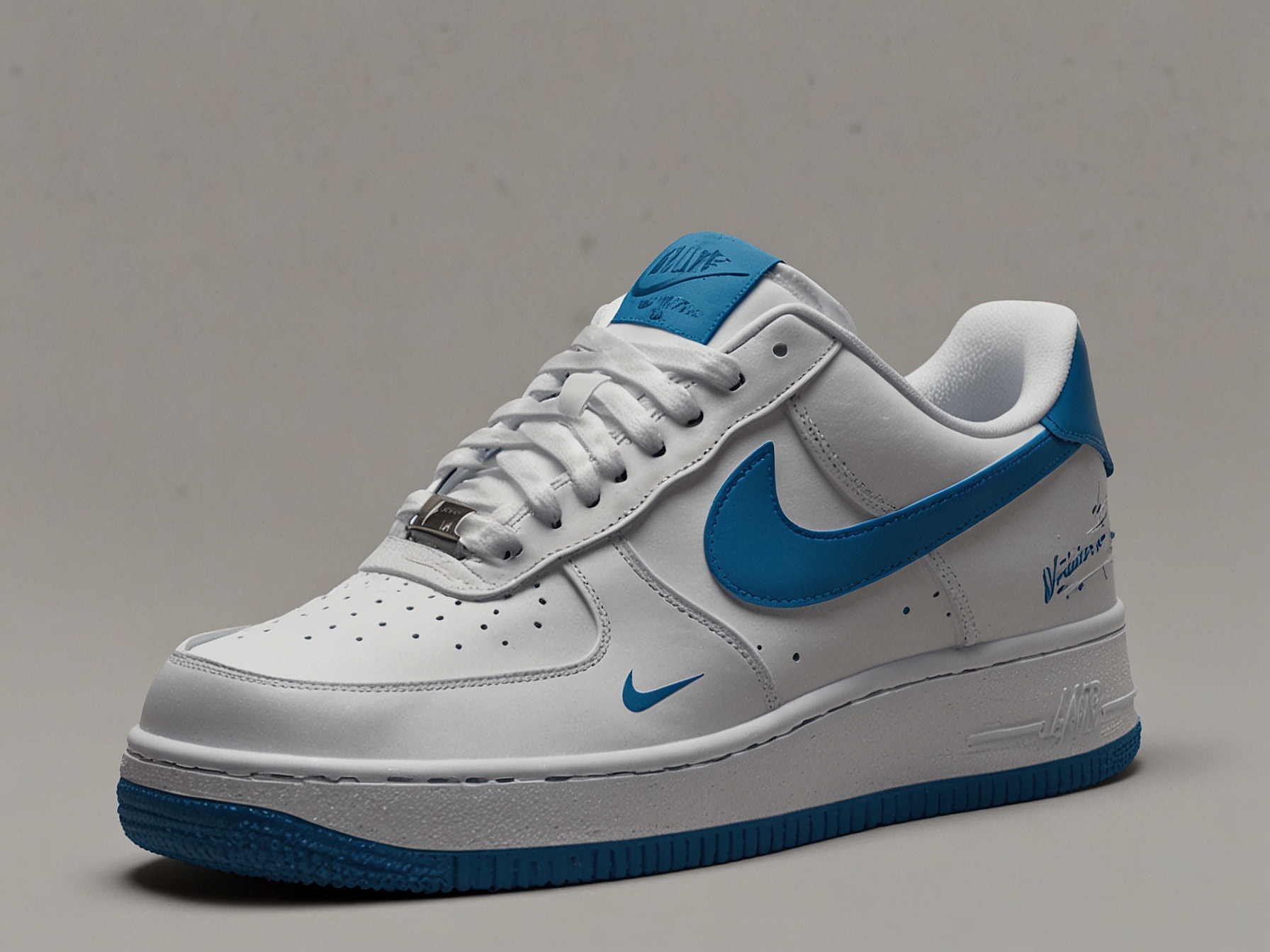 A close-up shot of the NOCTA x Nike Air Force 1 Low in 'White/Cobalt Tint', highlighting the white leather upper with baby blue overlays and the sleek Nike swoosh on the side panel.