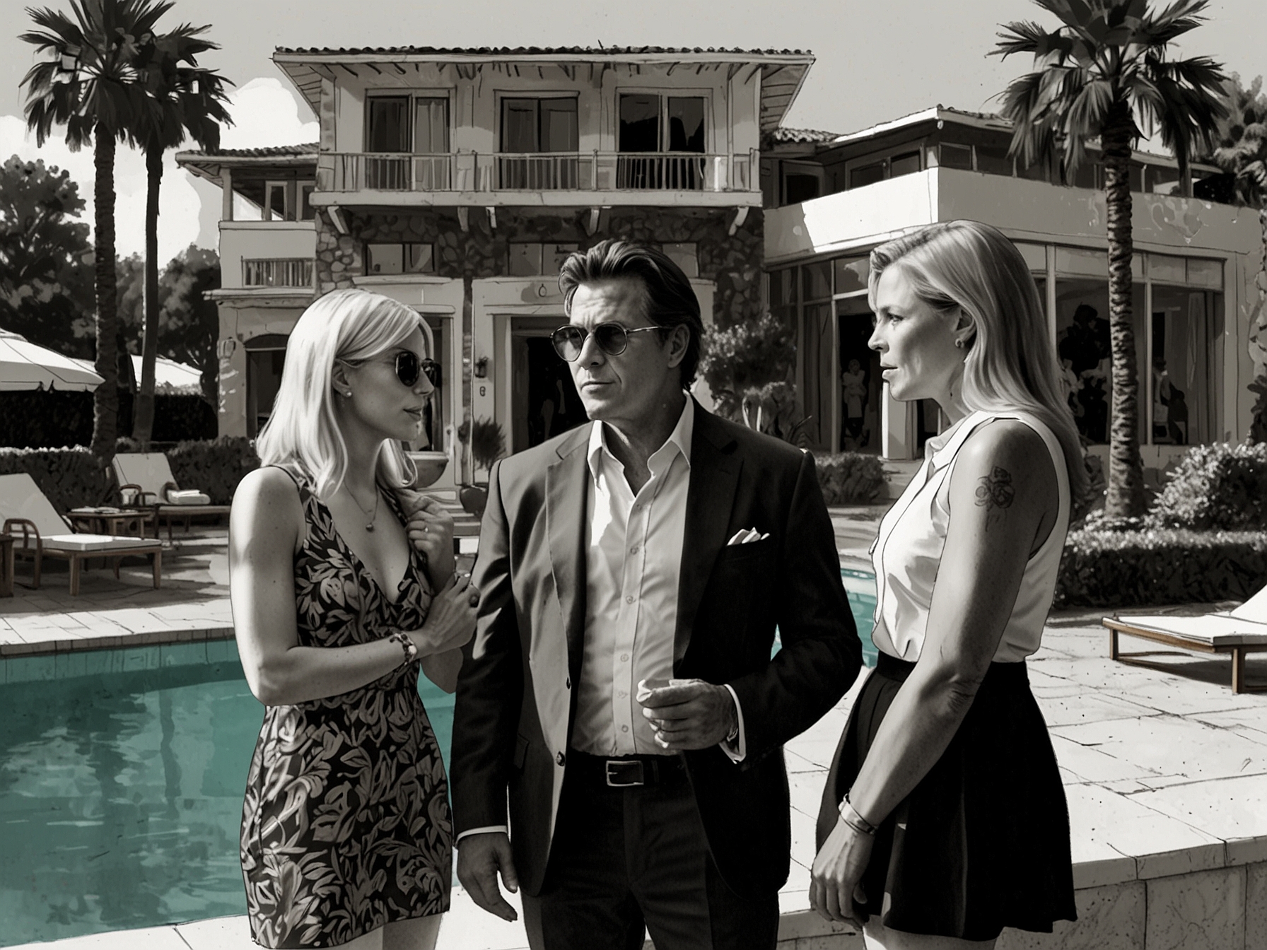 Ronnie stands in the middle, flanked by Jess on one side and Harriett on the other, as they have an intense conversation by the villa pool.