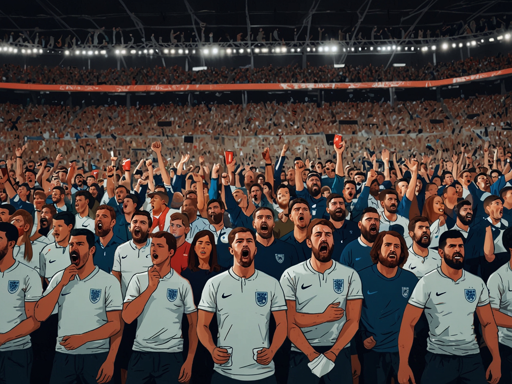 Angry fans at the packed stadium boo and throw cups towards the pitch after England's disappointing 1-1 draw with Slovenia in the Euro 2024 qualifier, showcasing their frustration.