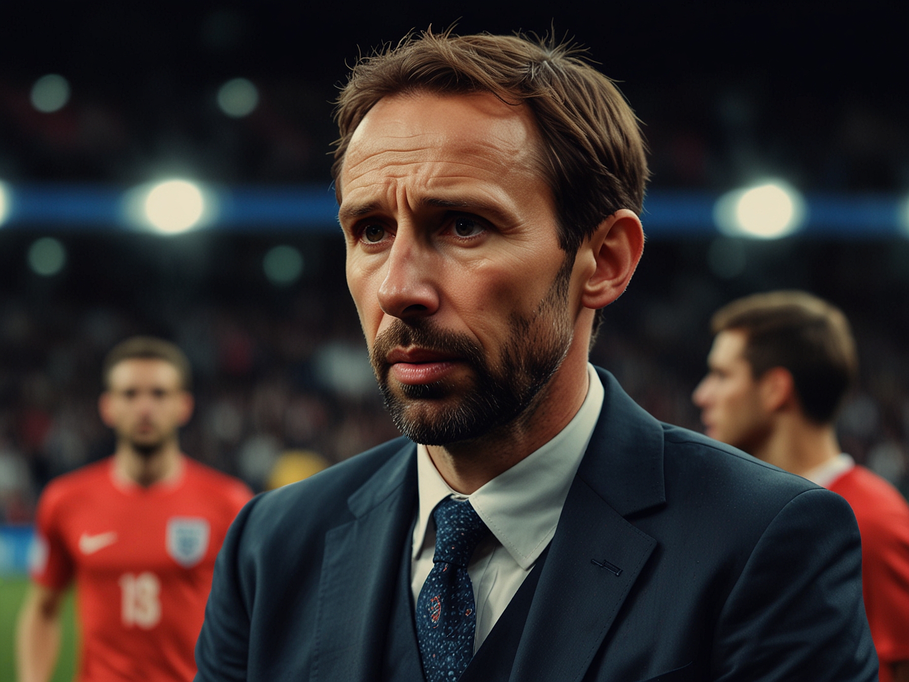 England manager Gareth Southgate looking dejected on the sidelines as fans express their discontent with boos and criticism following the underwhelming draw against Slovenia.
