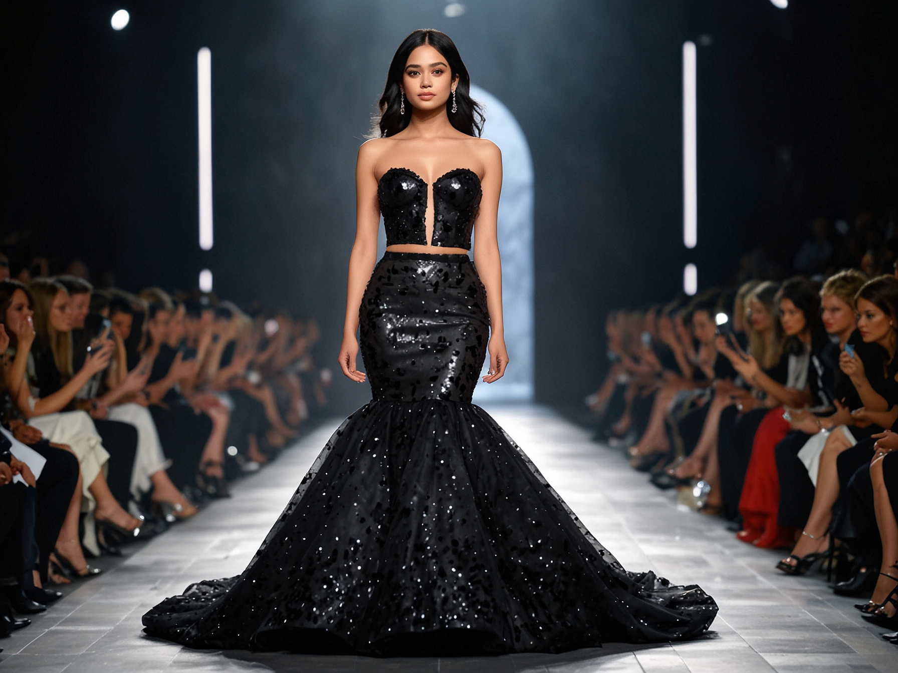 Janhvi Kapoor dazzles on the runway at Paris Fashion Week 2024, wearing a black bustier top and sequined mermaid-style skirt from Rahul Mishra's 'Aura' collection.