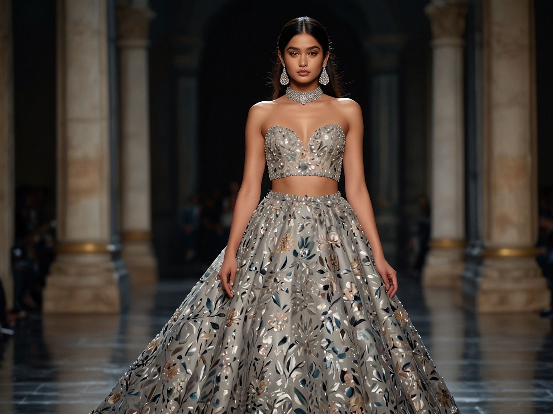 Janhvi Kapoor's debut outfit at Paris Fashion Week 2024 features intricate detailing and sophisticated design, showcasing the blend of traditional and contemporary elements in Rahul Mishra's work.