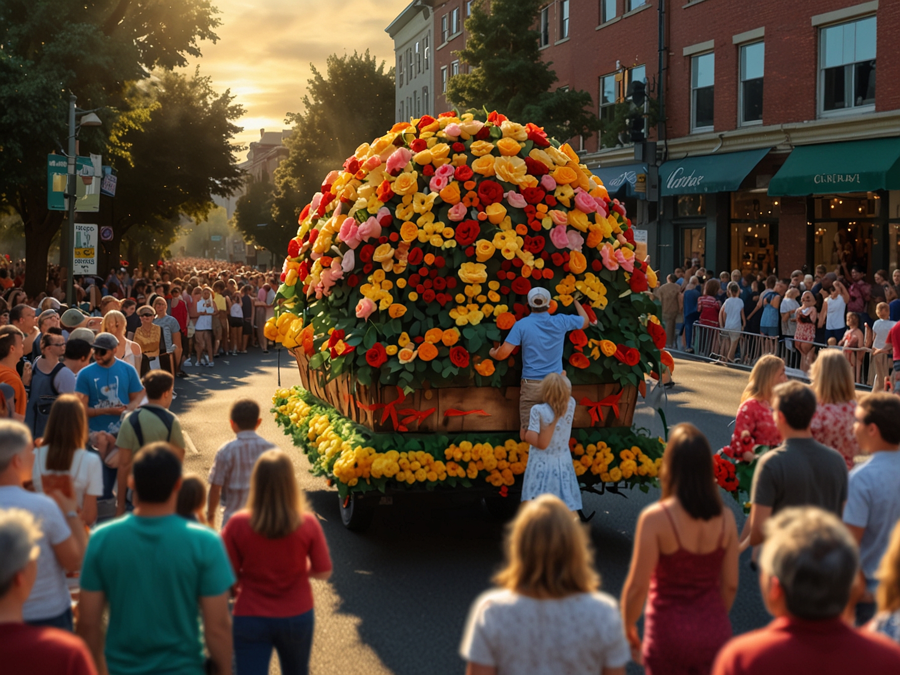 A vibrant float adorned with roses passing through a crowded street during the Grand Floral Parade at the Portland Rose Festival. Spectators cheer as the sun sets, creating a magical atmosphere.