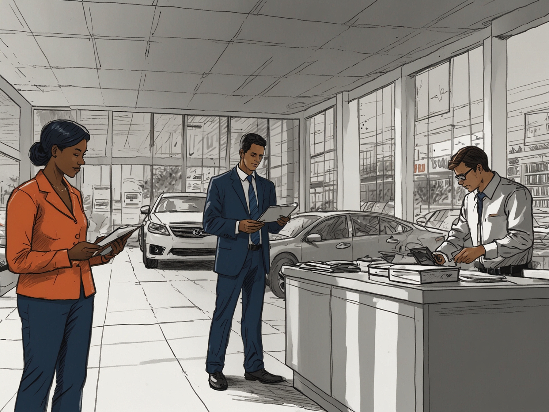 Car dealership employees using pens and paper to complete transactions and manage inventory manually, showcasing the regression from digital to traditional methods due to the cyberattack.