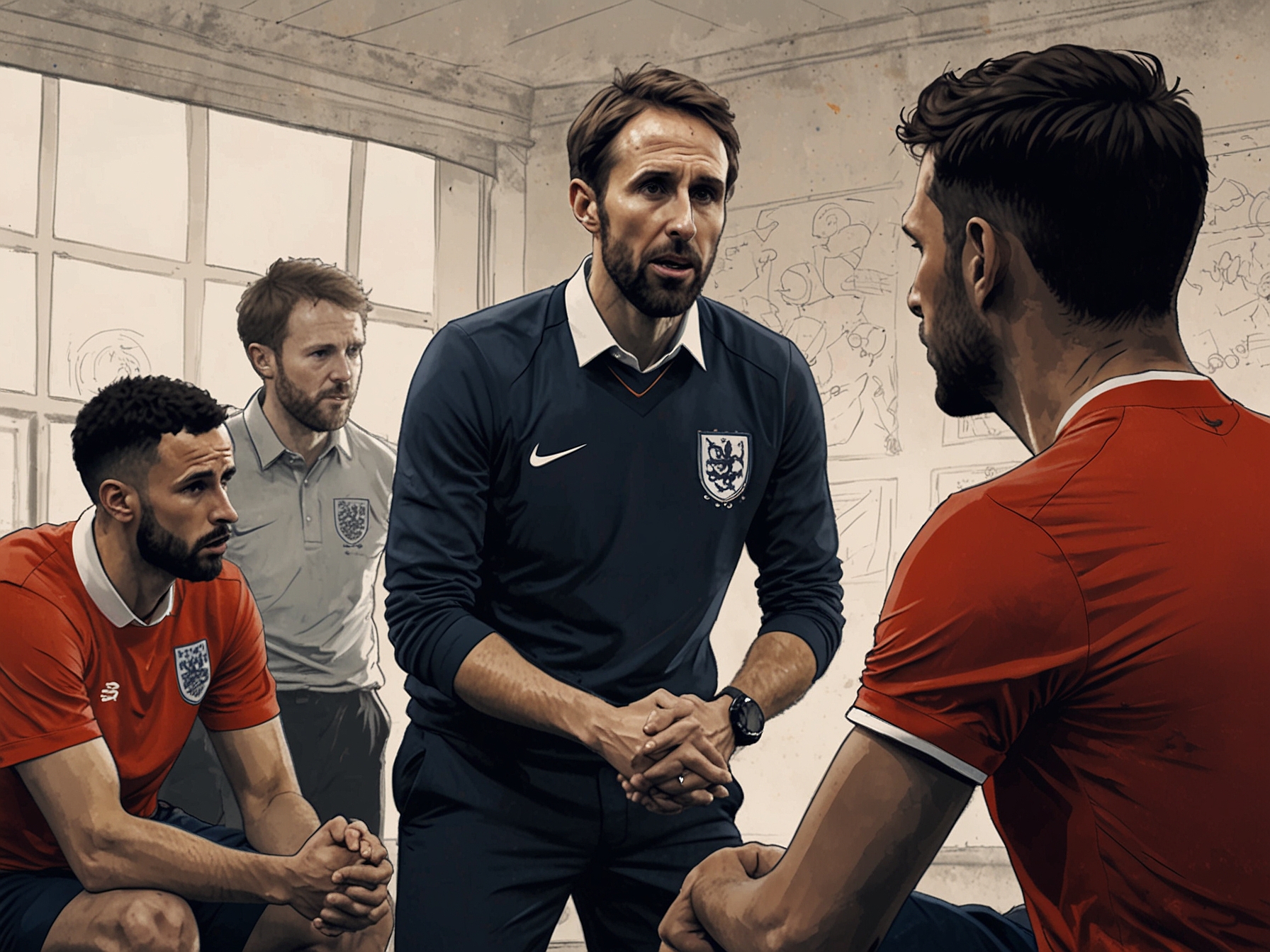 Illustration of Gareth Southgate discussing strategies with the team, highlighting the need for a high-pressing, aggressive approach to improve their offensive play.