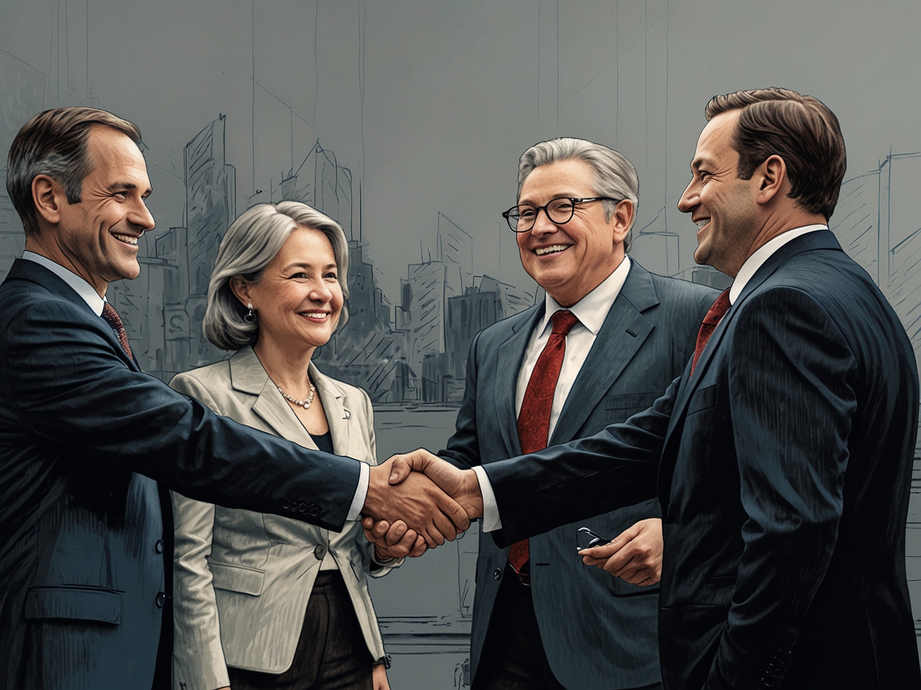 An illustration showing Atome Financial and EvolutionX executives shaking hands, symbolizing the strategic partnership and the $100 million debt facility agreement.