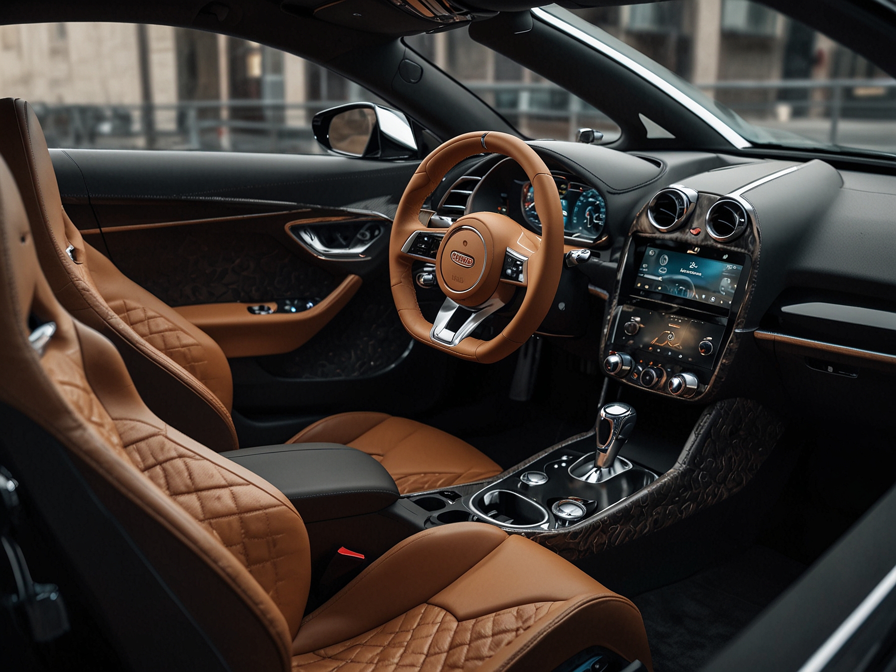 Inside the Bugatti hypercar, the luxurious cabin features premium materials such as leather, carbon fiber, and metal accents. High-tech infotainment and driver aids further enhance the driving experience.
