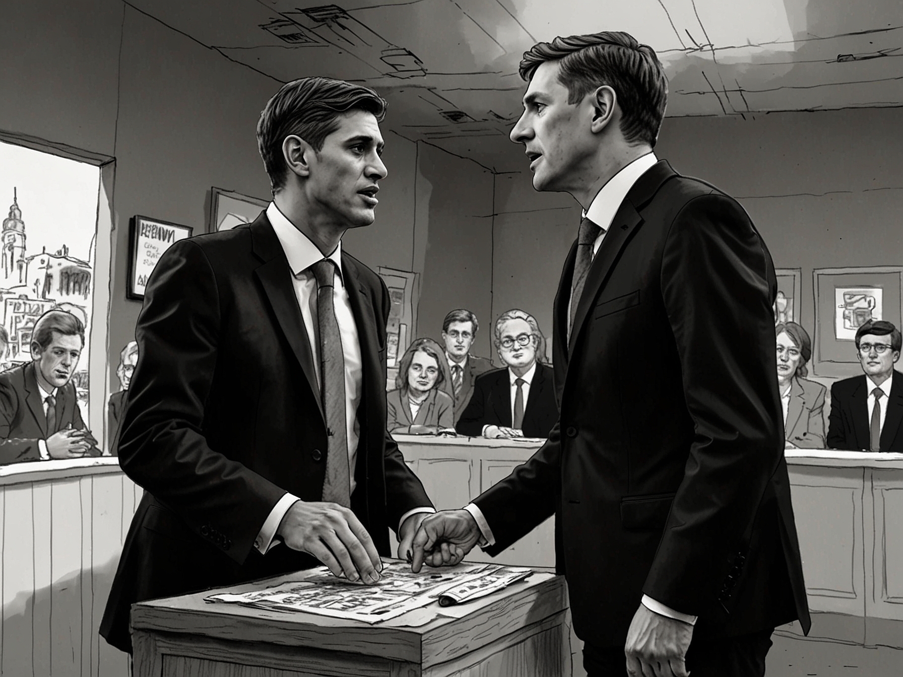 An intense moment captured from the final TV debate between Rishi Sunak and Keir Starmer, where they address the betting scandal overshadowing their campaigns.