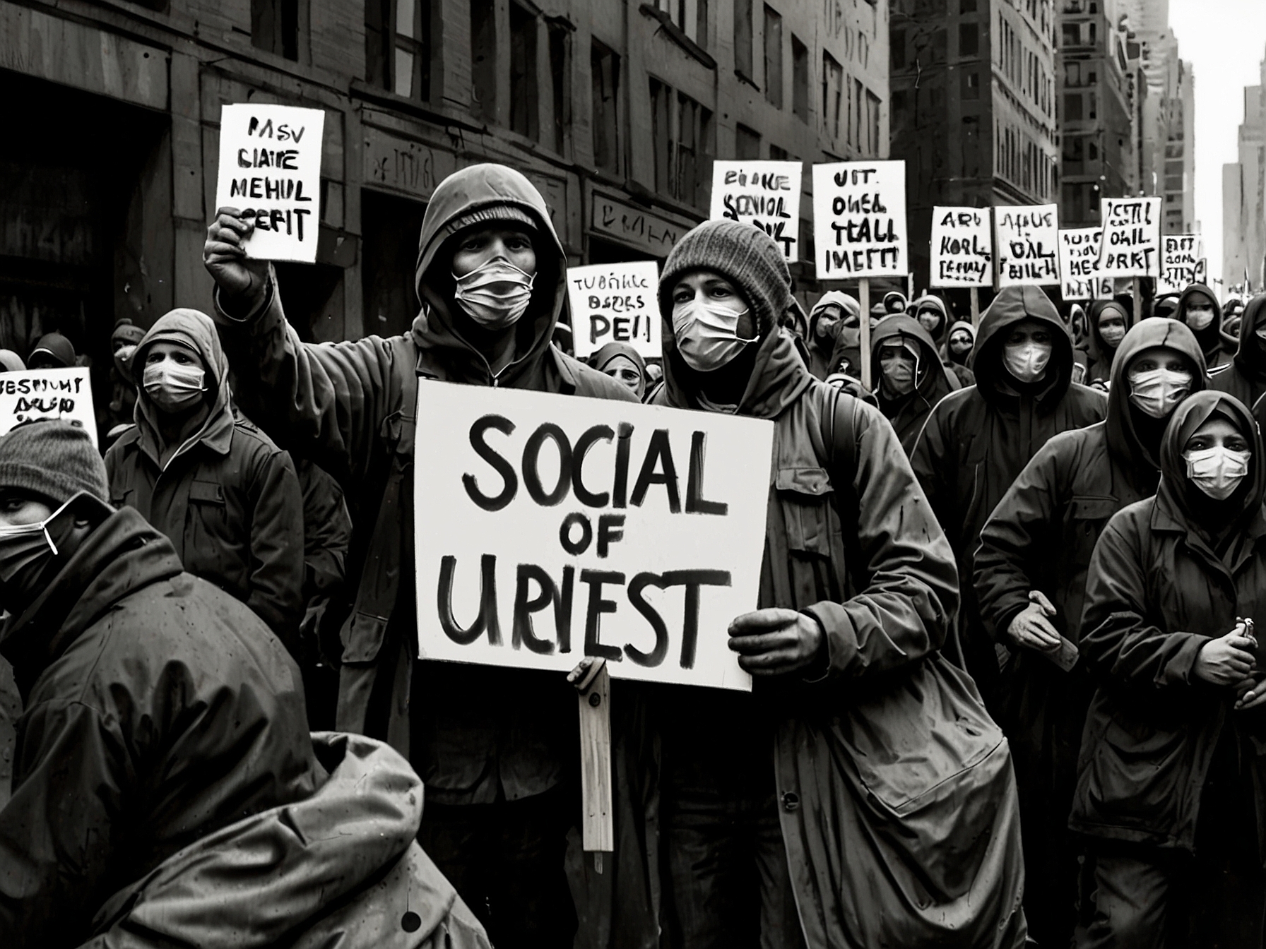 An image depicting social unrest, with protesters holding signs against austerity measures, symbolizing the social impact of high debt levels on vulnerable populations.
