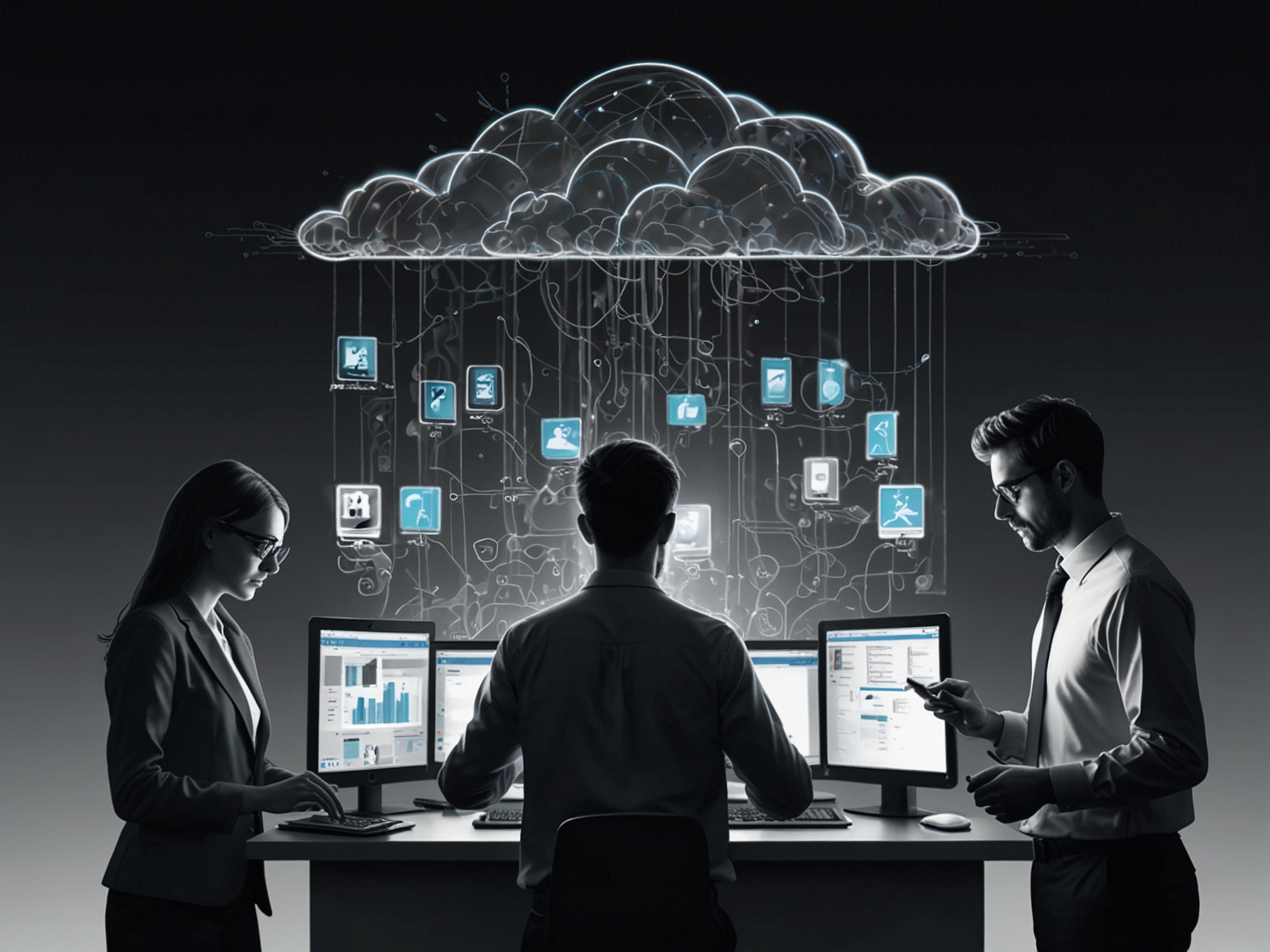 Illustration of employees accessing cloud-based document management systems remotely, showcasing the flexibility and enhanced security features that support hybrid work models.