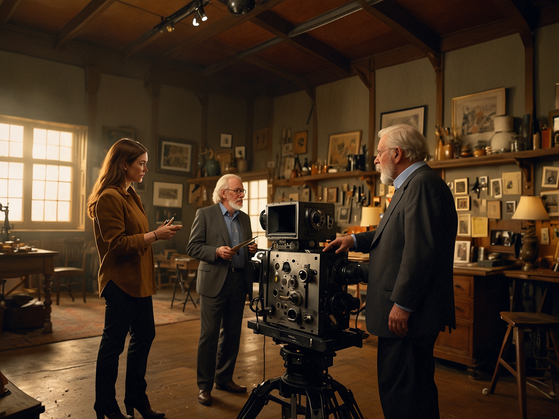 Amber Haley and Donald Sutherland on a movie set, discussing the finer points of set design. The atmosphere is busy, filled with film equipment, showcasing the collaborative spirit of the industry.