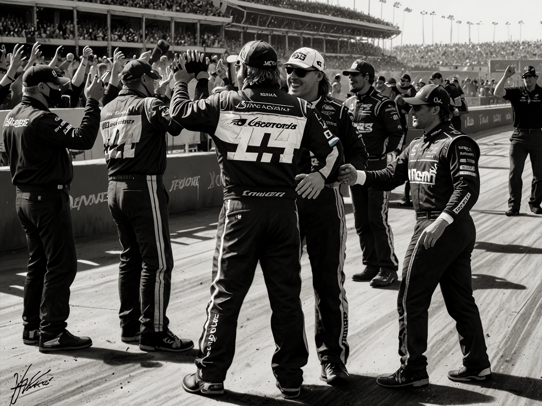 The No. 14 Stewart-Haas Racing team celebrating Briscoe's runner-up finish with high-fives and cheers in the pit area, showcasing their dedication and teamwork.