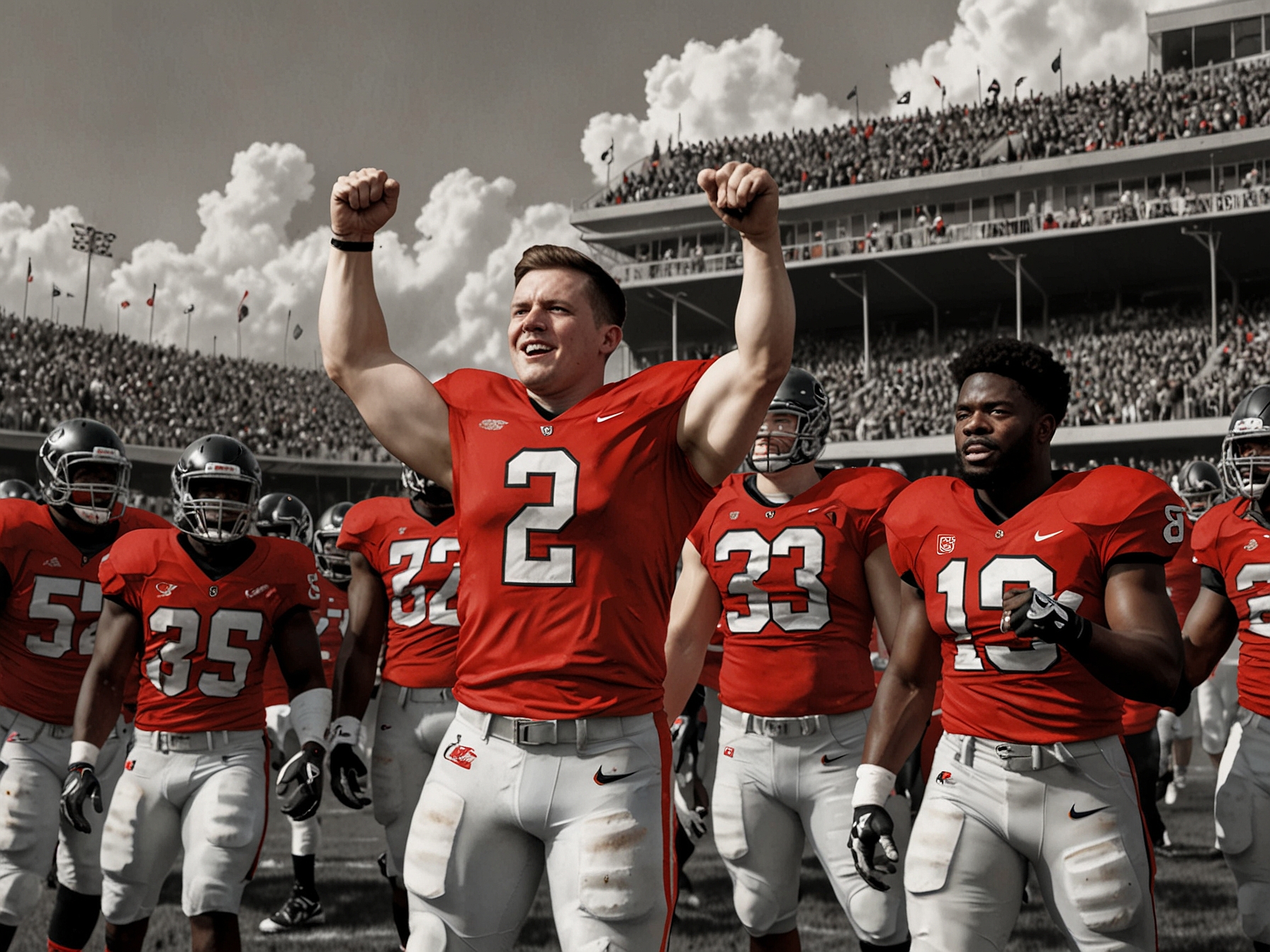 Charlie Condon standing with his teammates, celebrating a victory, illustrating his leadership and team-first mentality that have inspired and elevated the University of Georgia Bulldogs.
