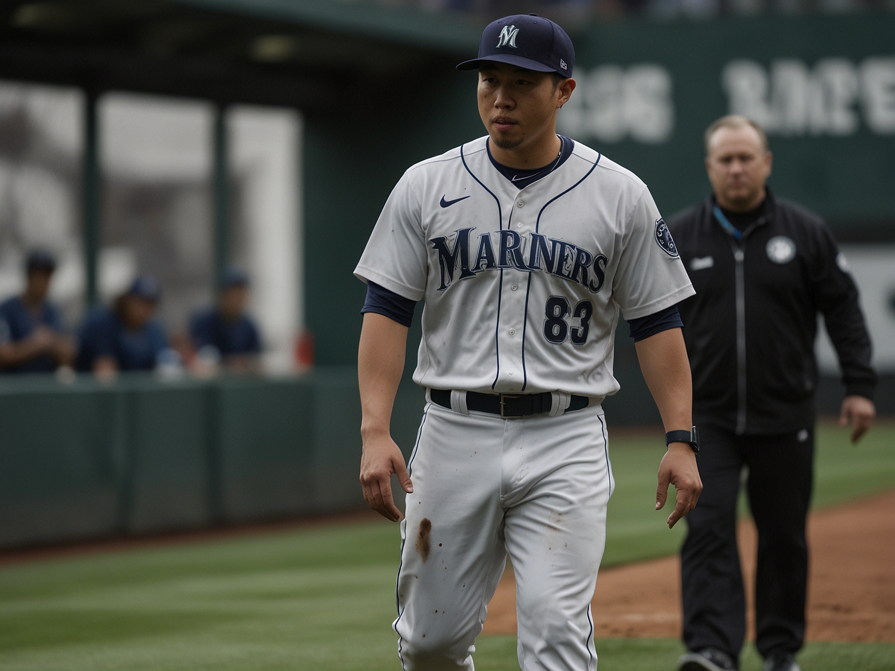 Bryan Woo, in Mariners uniform, is seen grimacing as he clutches his right hamstring while walking off the field with the help of medical staff during the fourth inning of a crucial game.