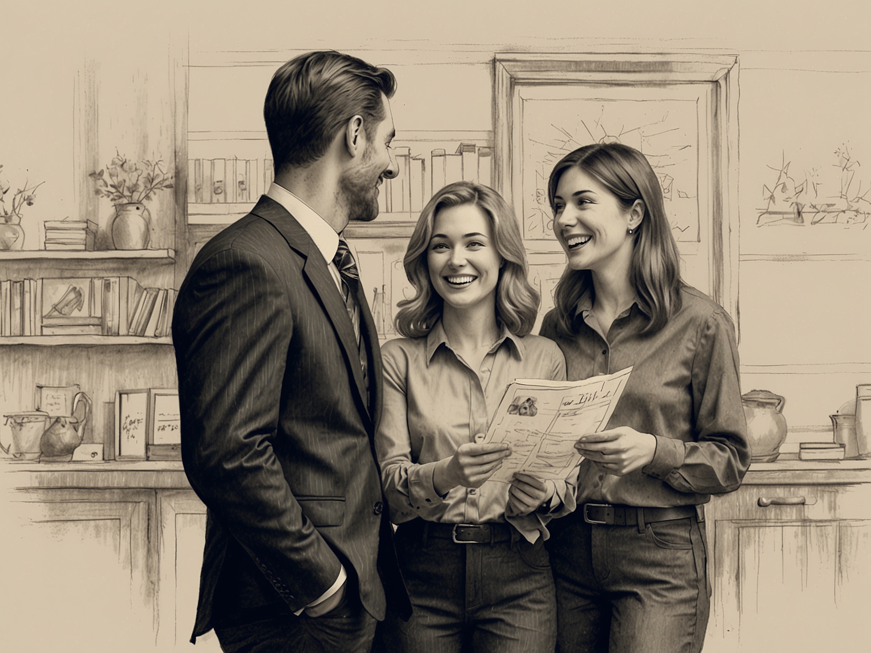 A smiling couple consulting with a mortgage advisor, highlighting the potential benefits of refinancing or securing a mortgage at lower rates, reflecting the article's focus on financial opportunities.