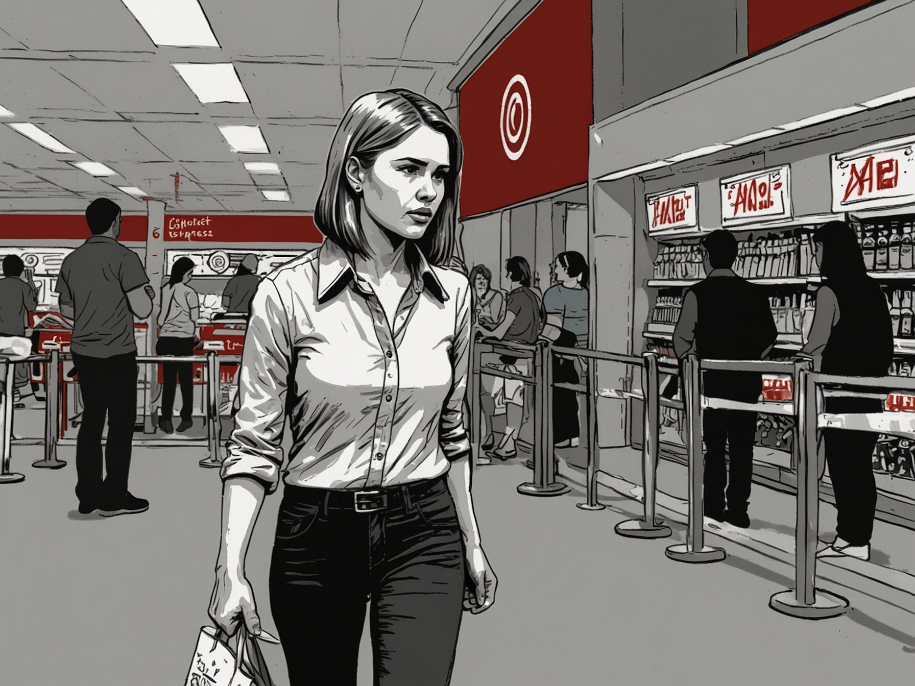 A frustrated shopper standing in a long express lane queue at Target, clearly showing the express lane signage and the discontent on her face.