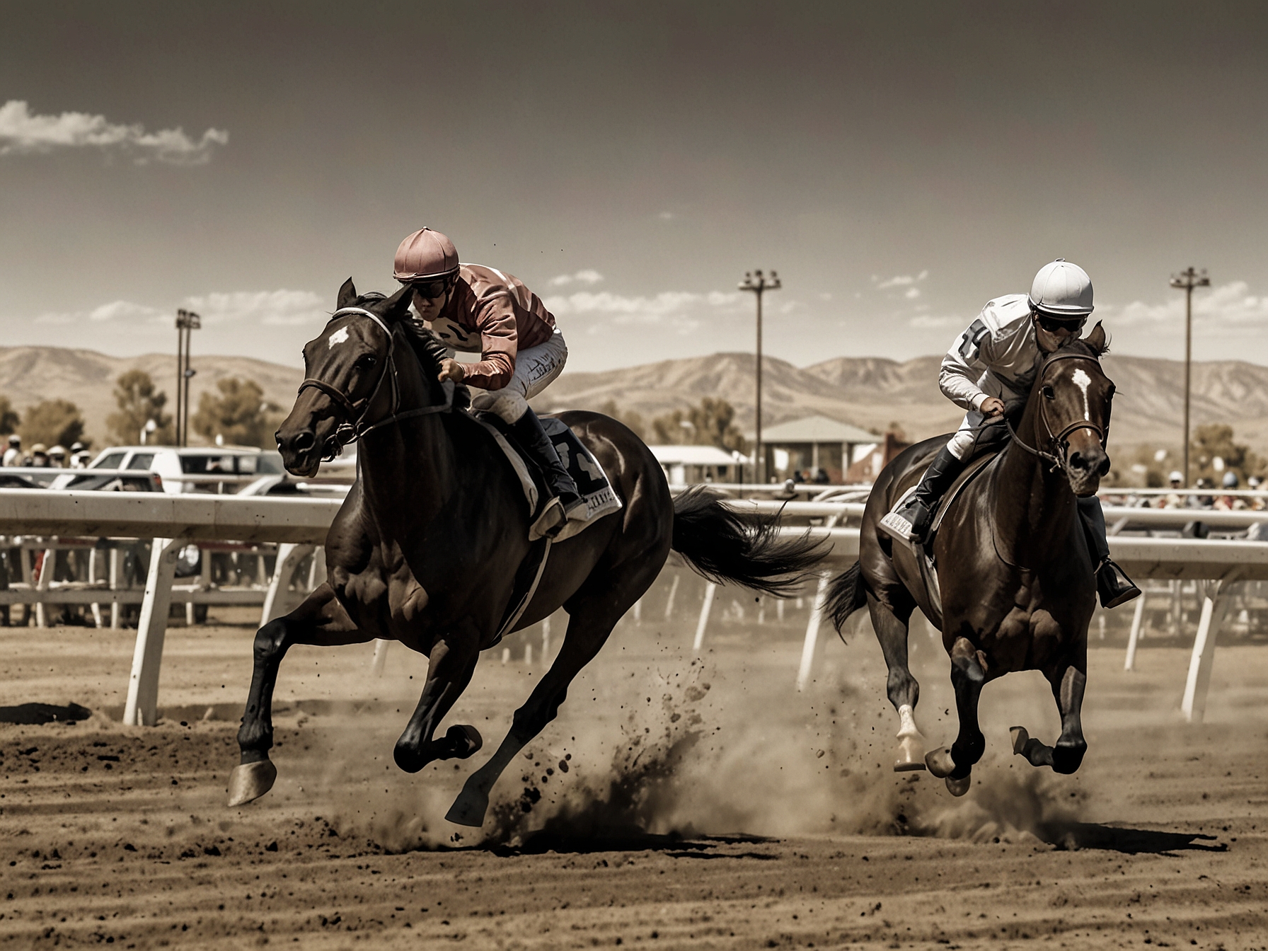 Jockeys on powerful horses race neck and neck down the track in Elko, showcasing the thrill and competitive nature of the county fair horse races.