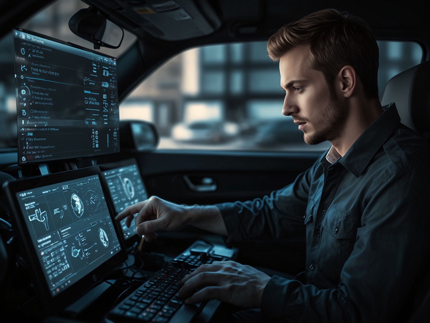 A driver updating car software, emphasizing the importance of keeping vehicle firmware up to date to protect against vulnerabilities and potential cyber attacks.