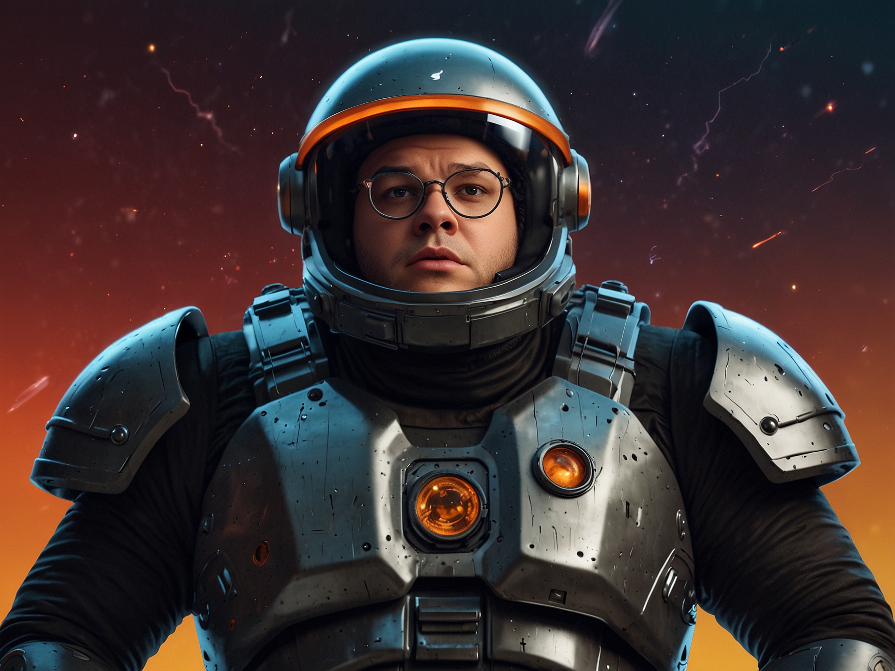 A dynamic shot showing Josh Gad in character, donning a futuristic outfit with a comically oversized helmet, paying homage to iconic sci-fi parody elements of the original 'Spaceballs.'