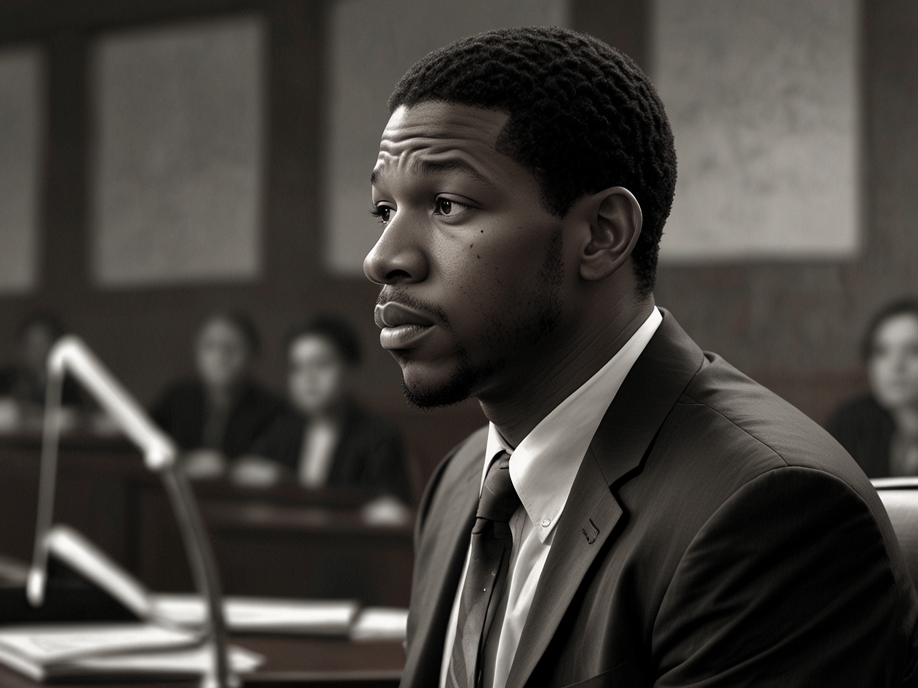 Jonathan Majors attending a court hearing, dressed formally, looking pensive as he navigates the complexities of his legal and professional responsibilities.