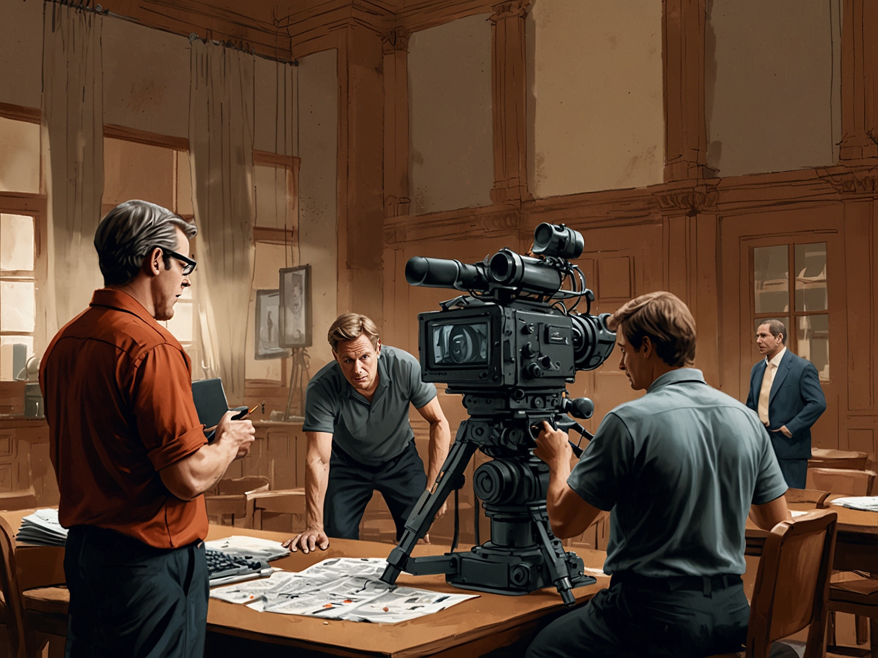 Film set highlighting a director and crew preparing for a scene, symbolizing the logistical challenges of incorporating Majors' court-mandated intervention schedule with the production's demands.