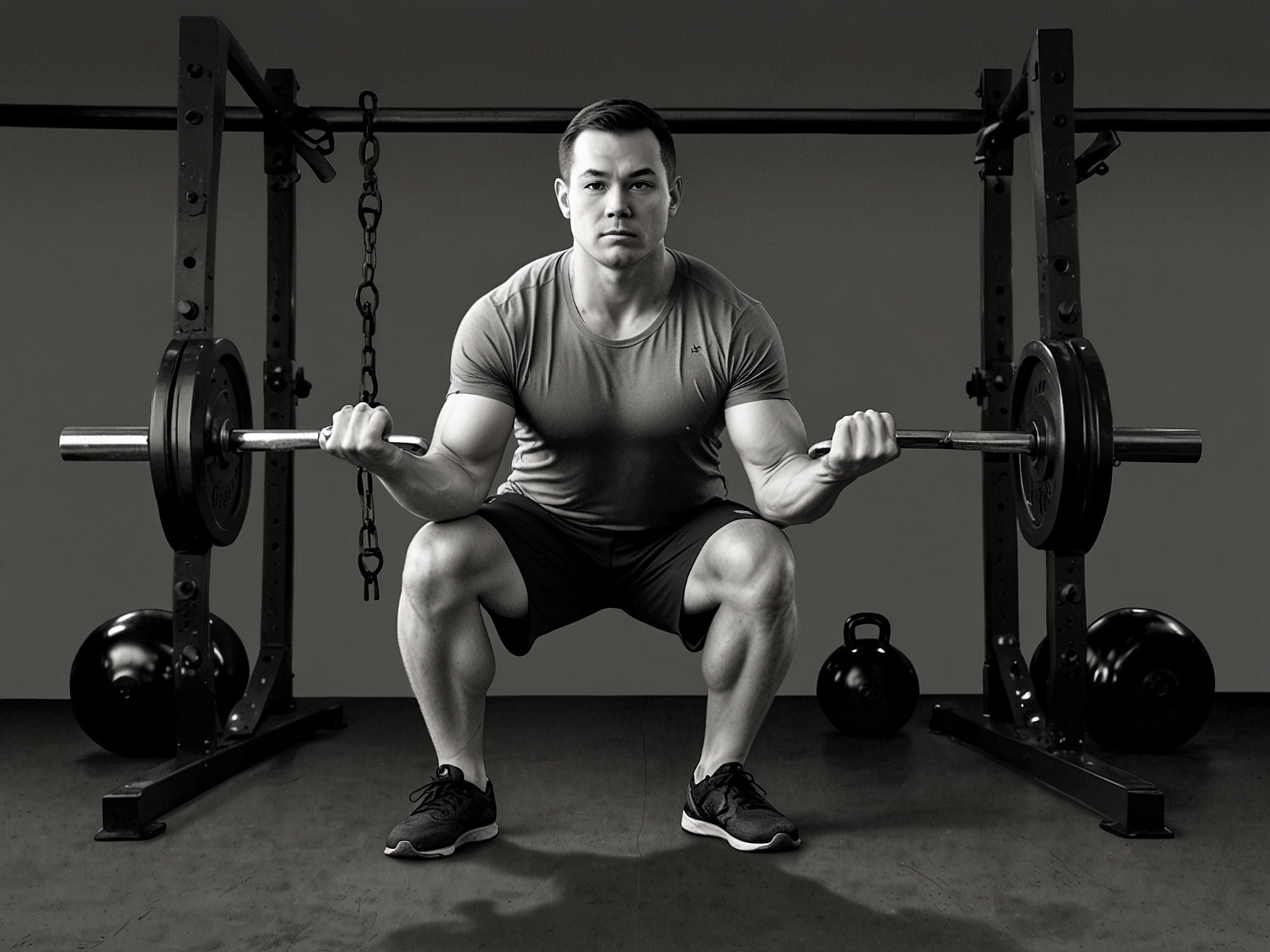 The first image shows a person standing with feet shoulder-width apart, holding a kettlebell close to their chest, and performing the initial good morning hinge of the Kang squat.